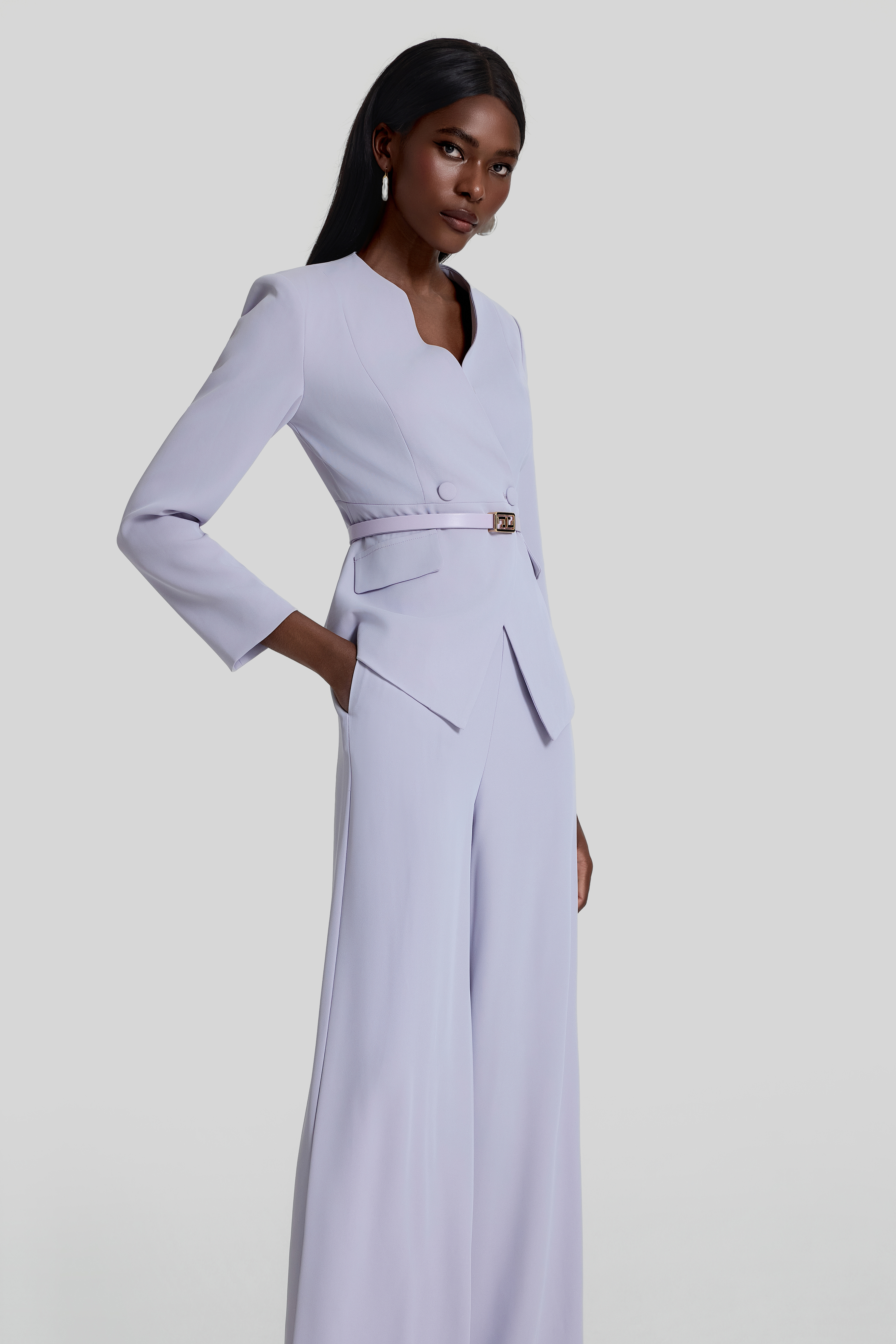 V-Neck Blazer With Belt & High Waist Pants Set