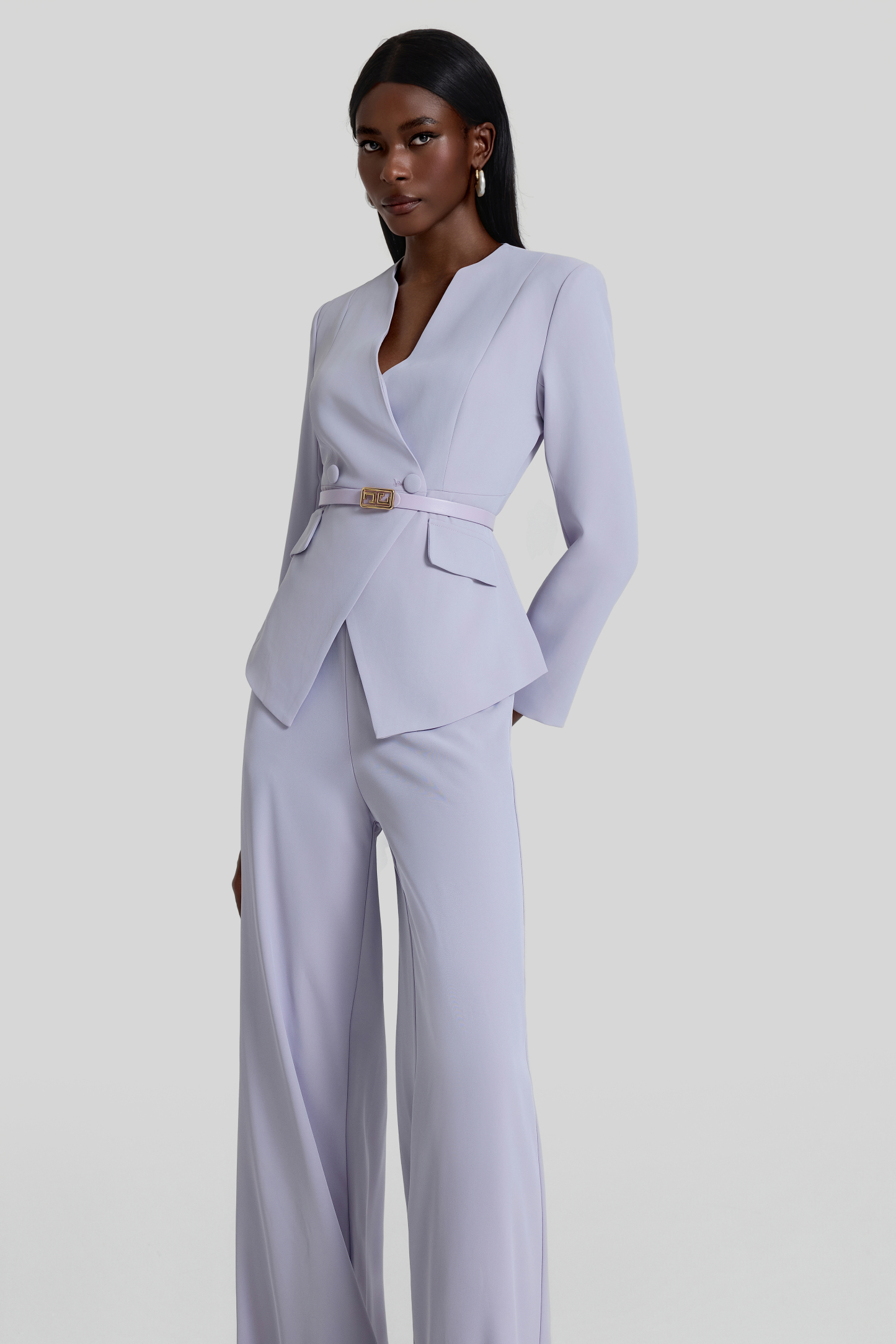 V-Neck Blazer With Belt & High Waist Pants Set