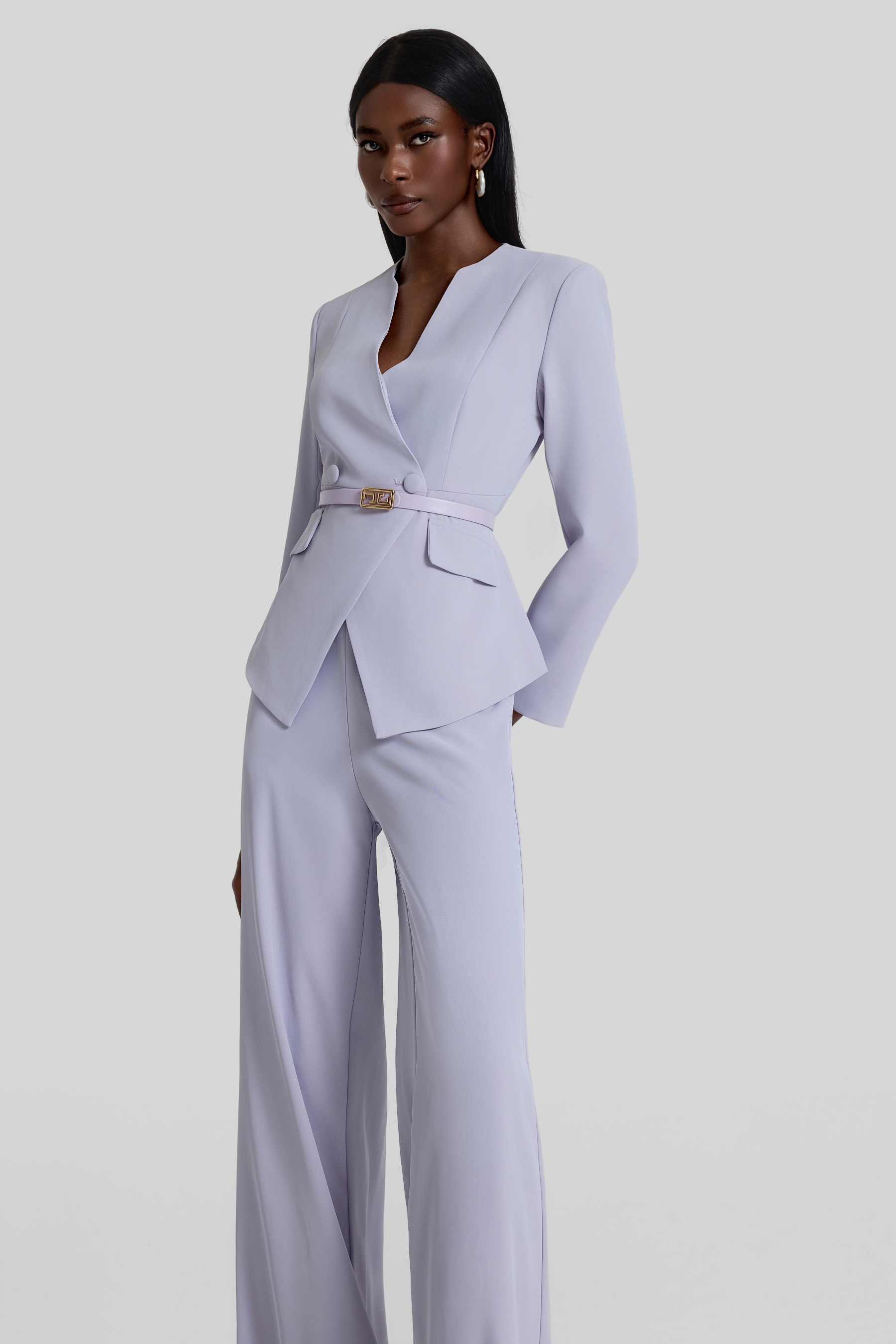 V-Neck Blazer With Belt & High Waist Pants Set