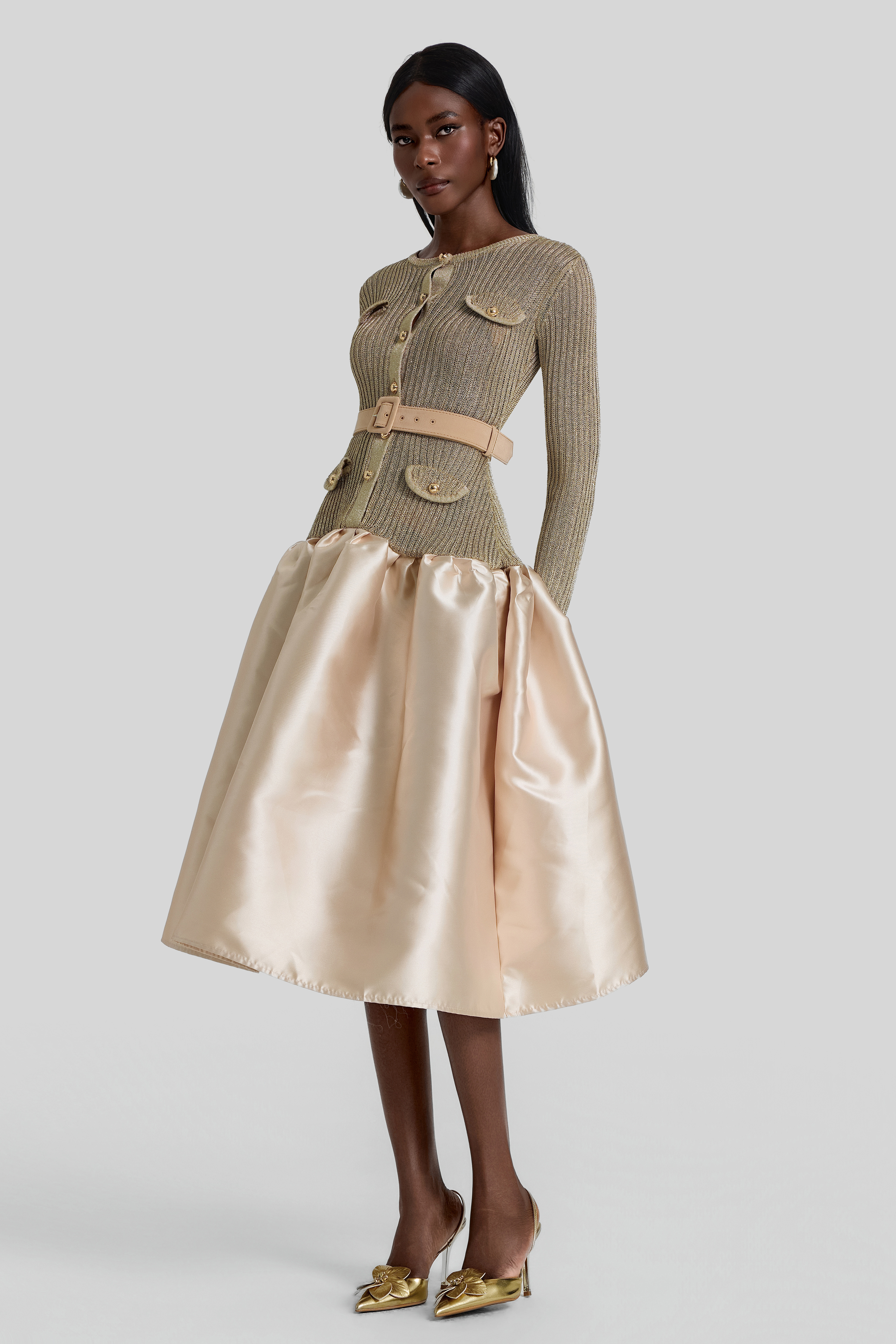 Knit Splicing Satin Midi Dress With Belt