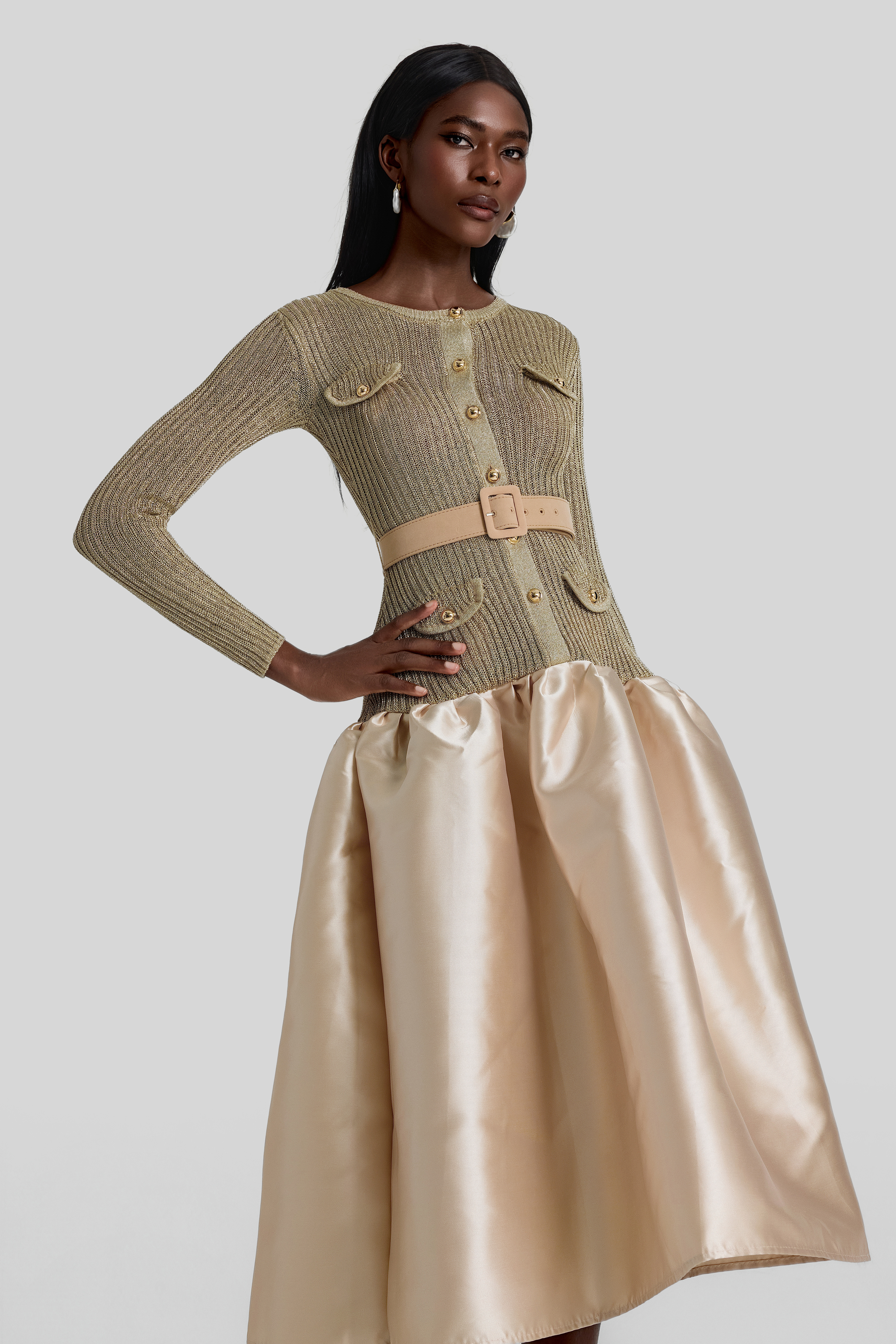 Knit Splicing Satin Midi Dress With Belt