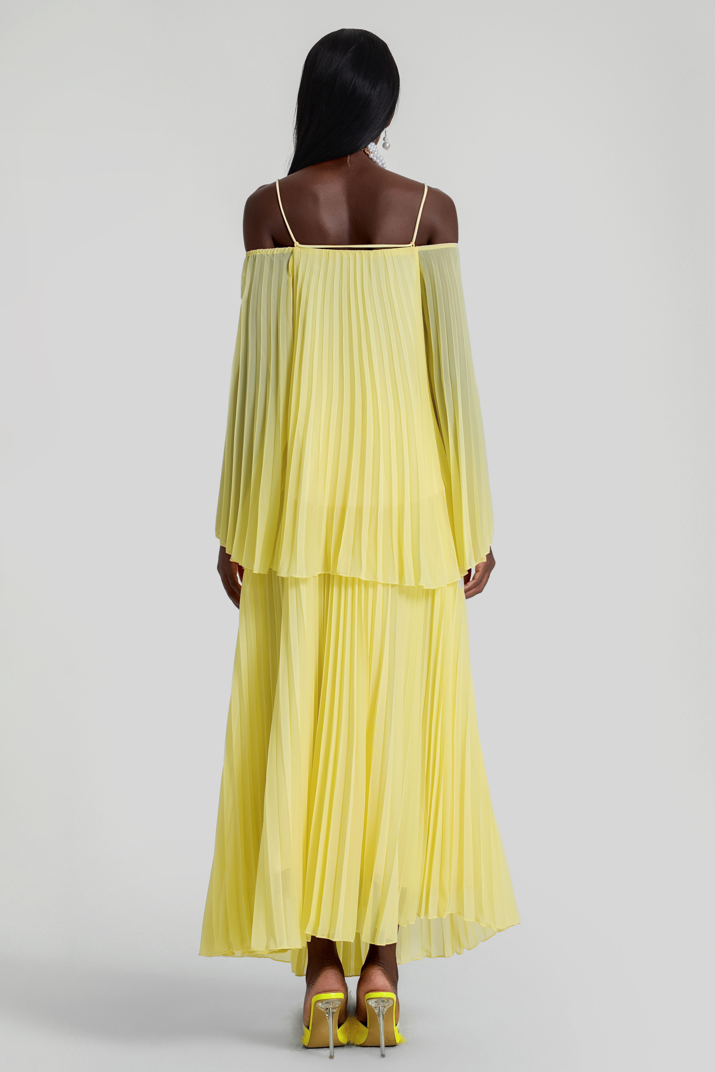 Off Shoulder Pleated Top & High Waist Midi Skirt Set