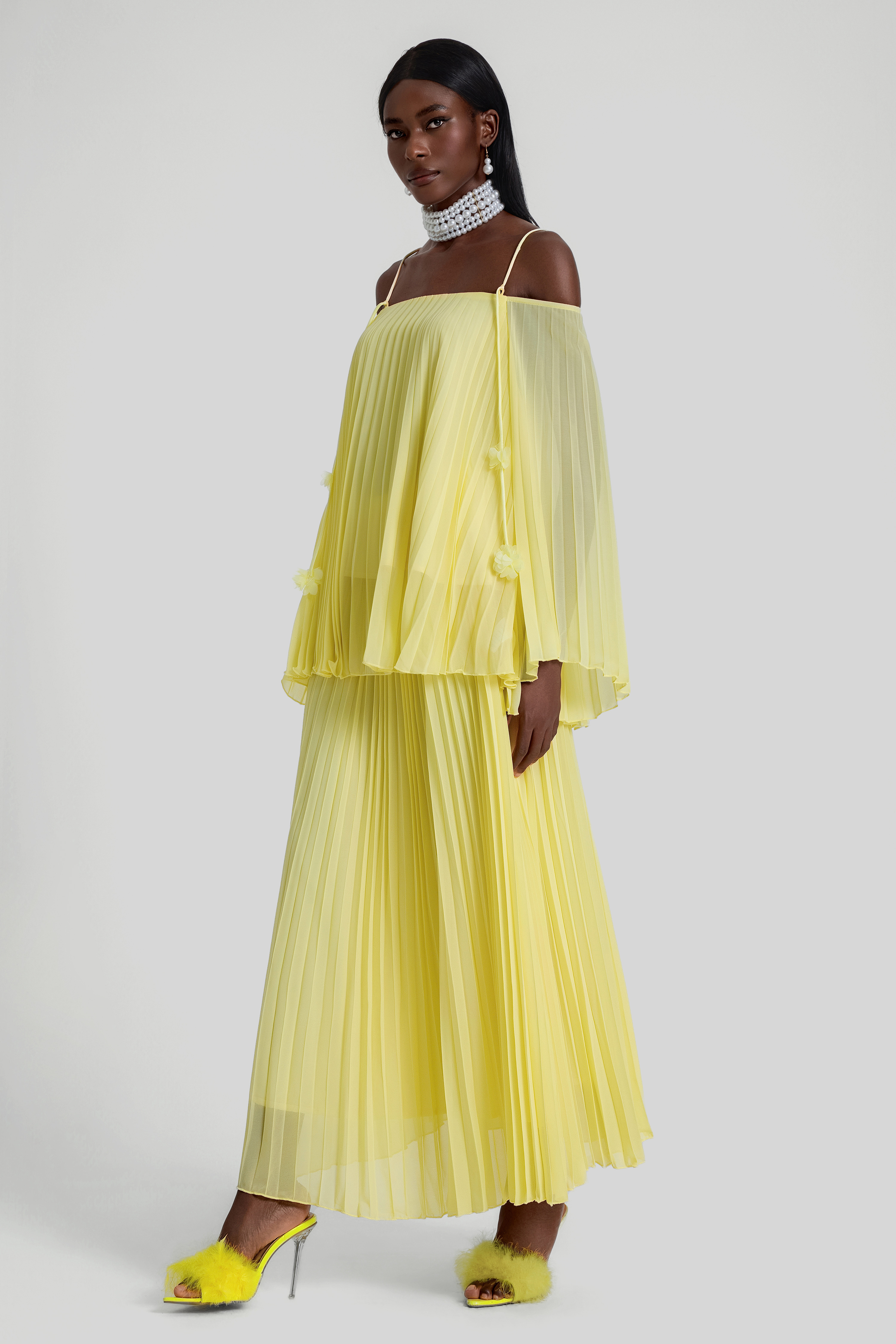 Off Shoulder Pleated Top & High Waist Midi Skirt Set
