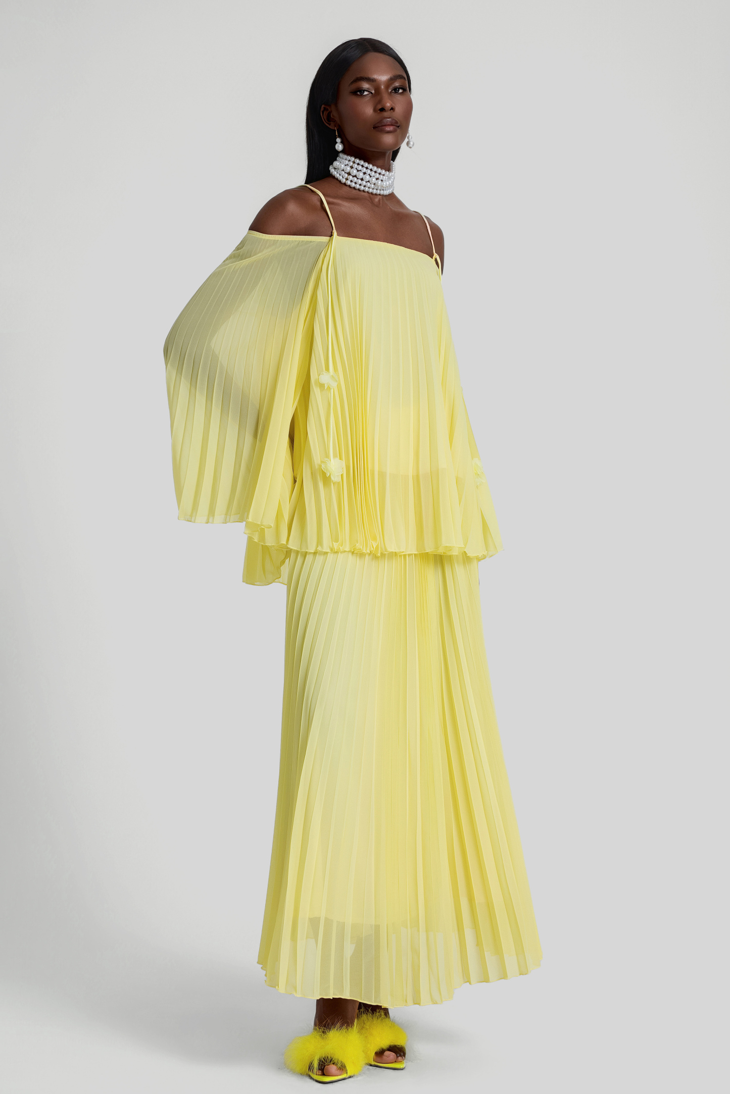 Off Shoulder Pleated Top & High Waist Midi Skirt Set