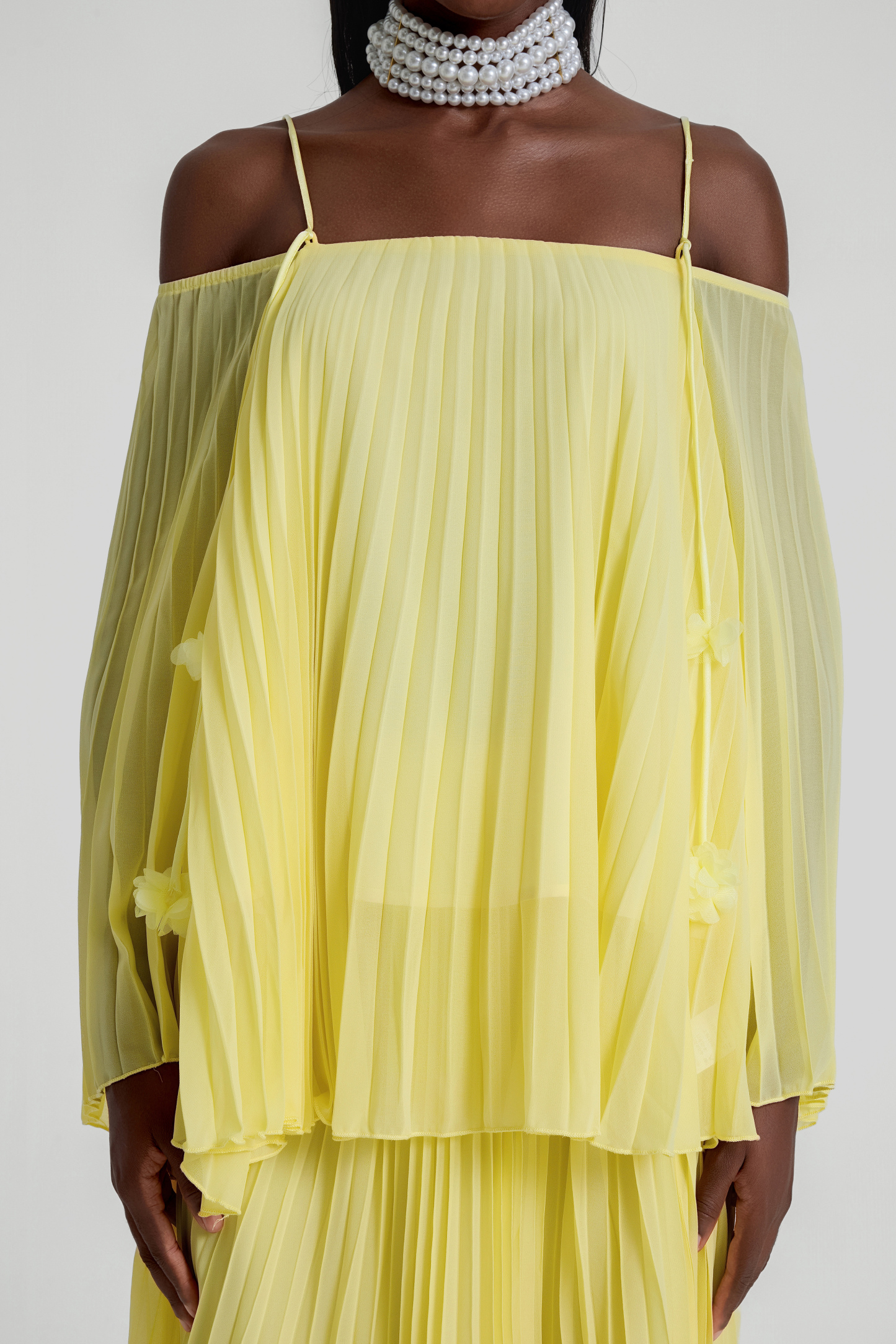 Off Shoulder Pleated Top & High Waist Midi Skirt Set