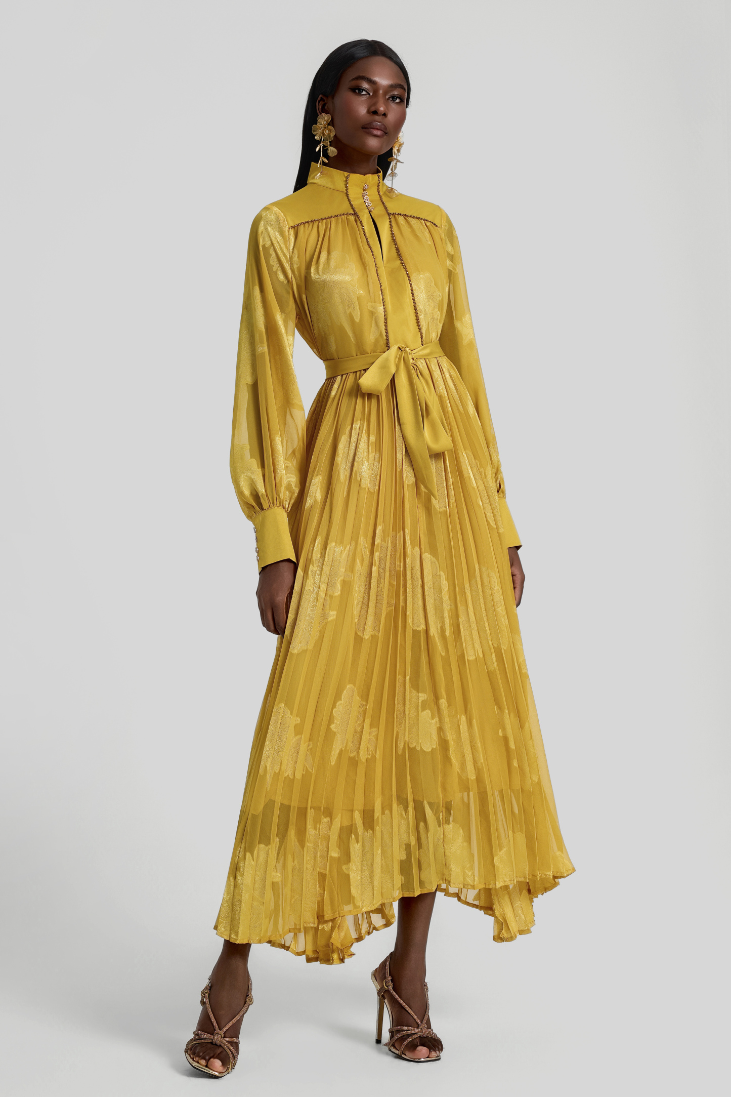 Jacquard Rhinestone Rivets Pleated Maxi Dress