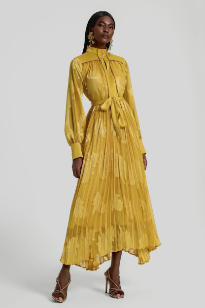 Jacquard Rhinestone Rivets Pleated Maxi Dress