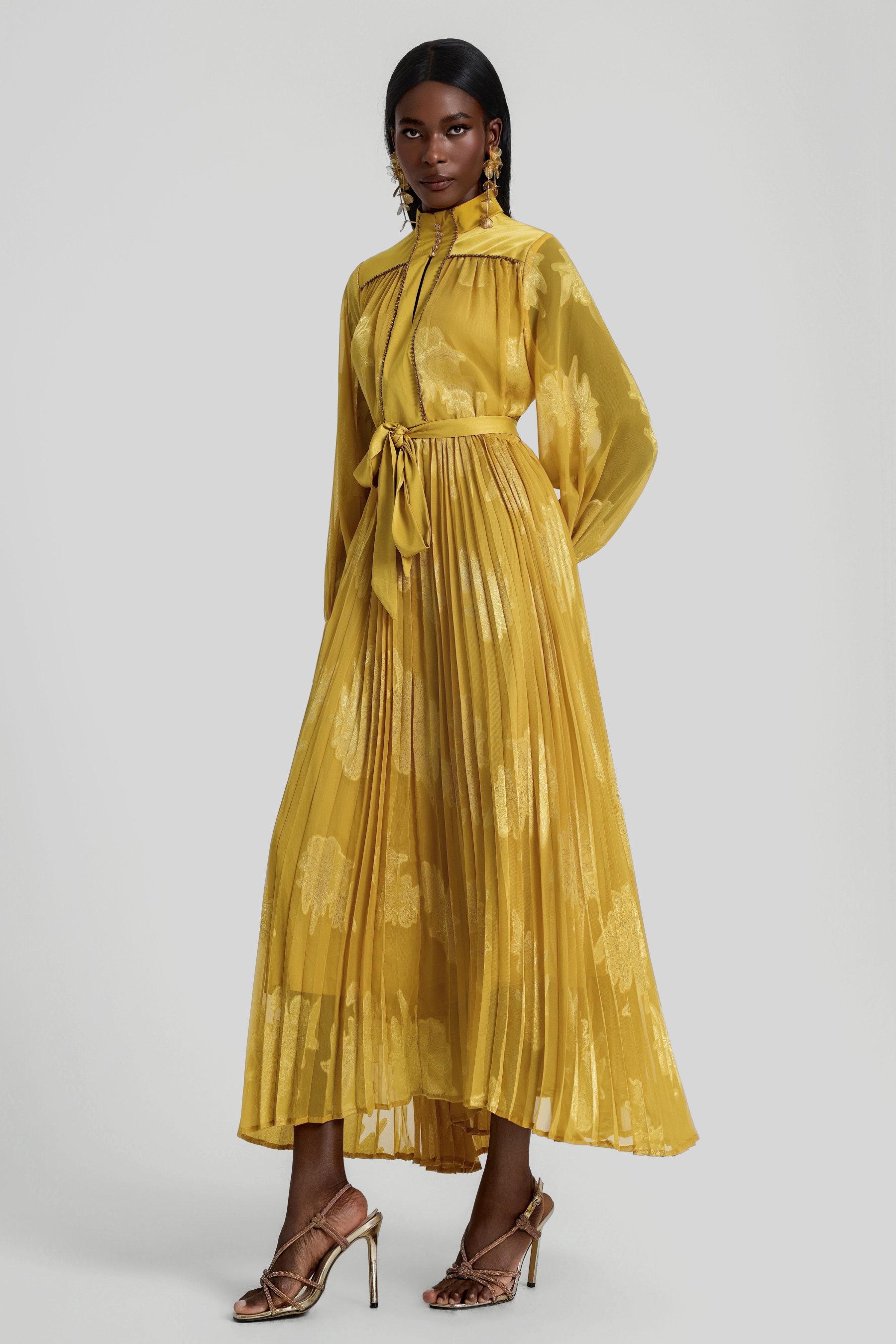 Jacquard Rhinestone Rivets Pleated Maxi Dress