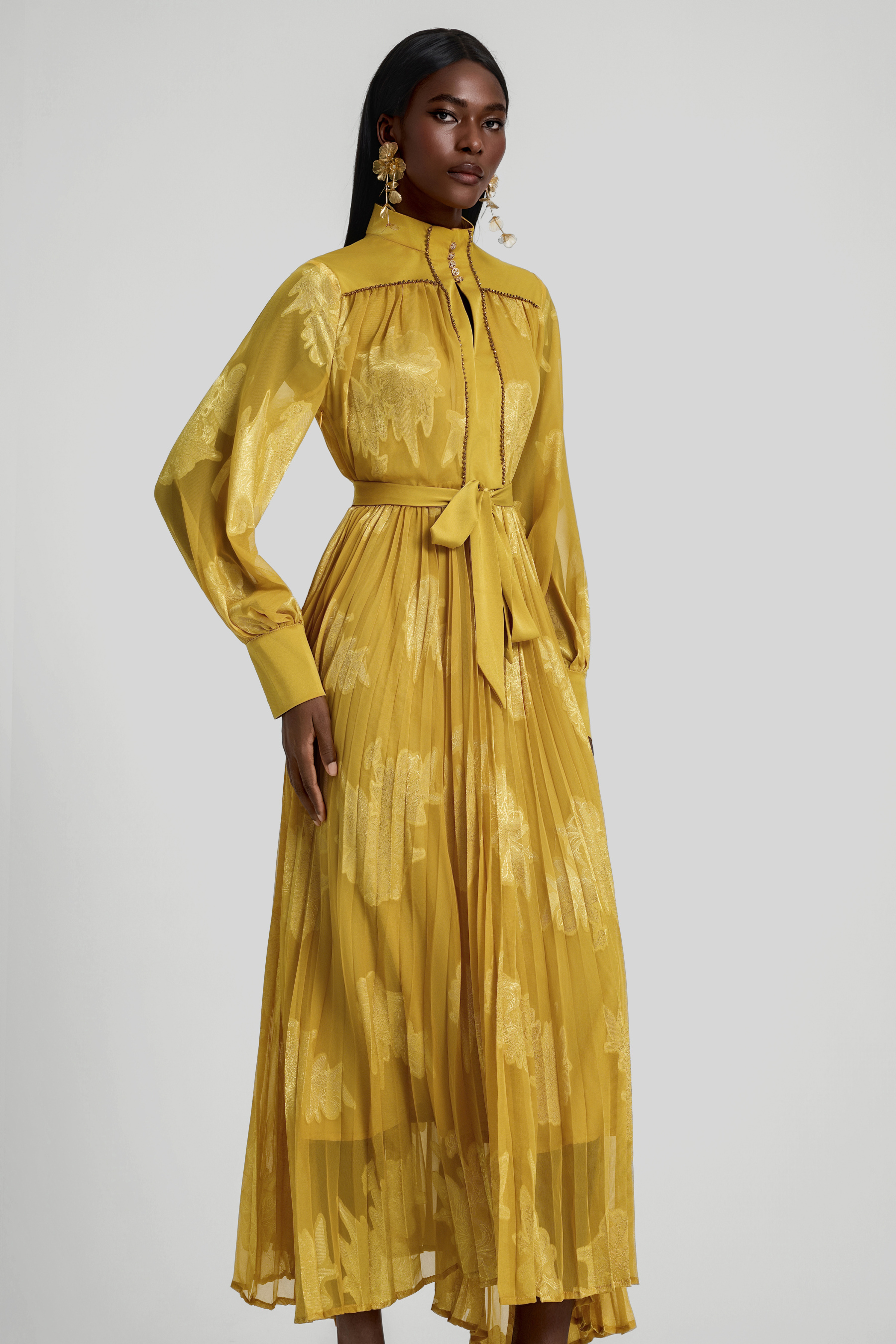 Jacquard Rhinestone Rivets Pleated Maxi Dress