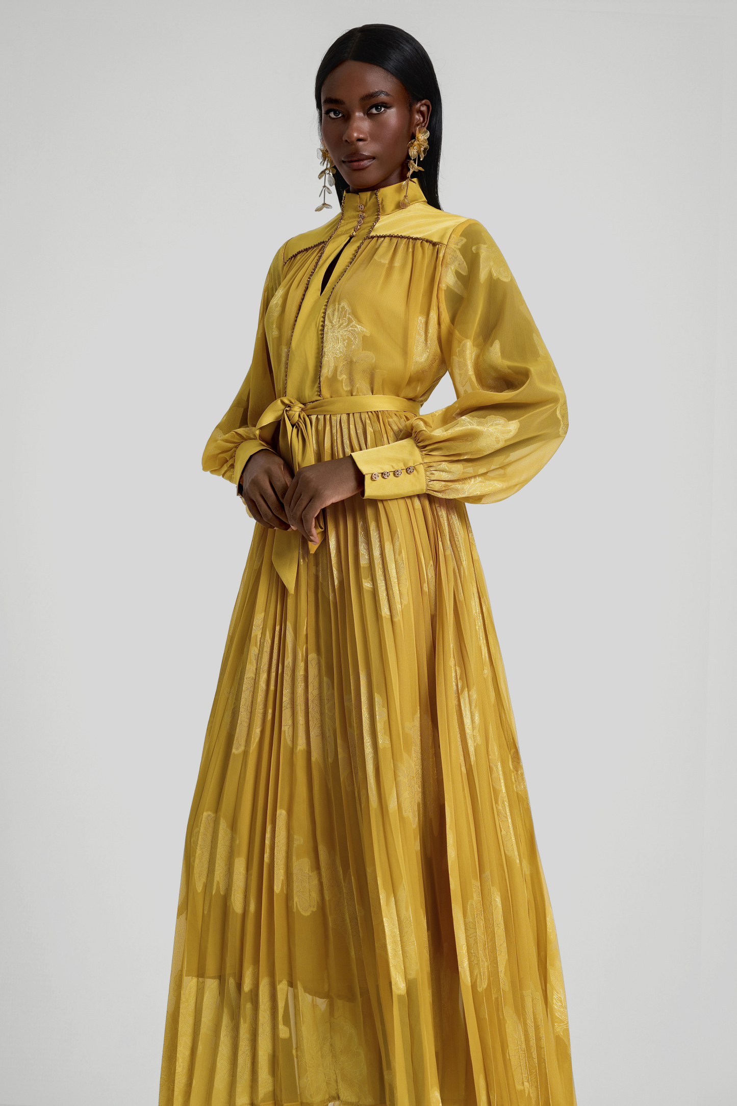 Jacquard Rhinestone Rivets Pleated Maxi Dress