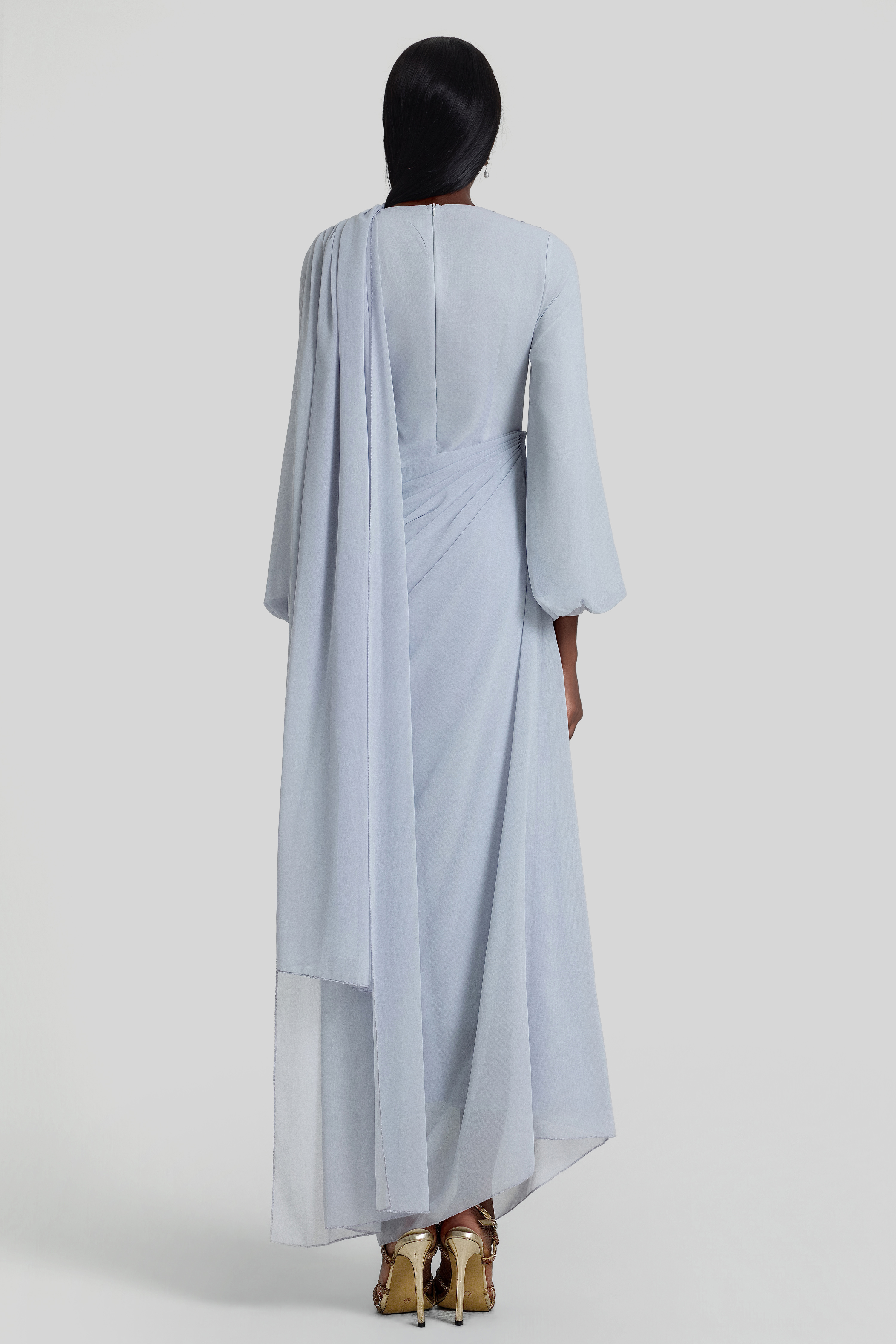 Rhinestone Lantern Sleeve Gathering Maxi Dress
