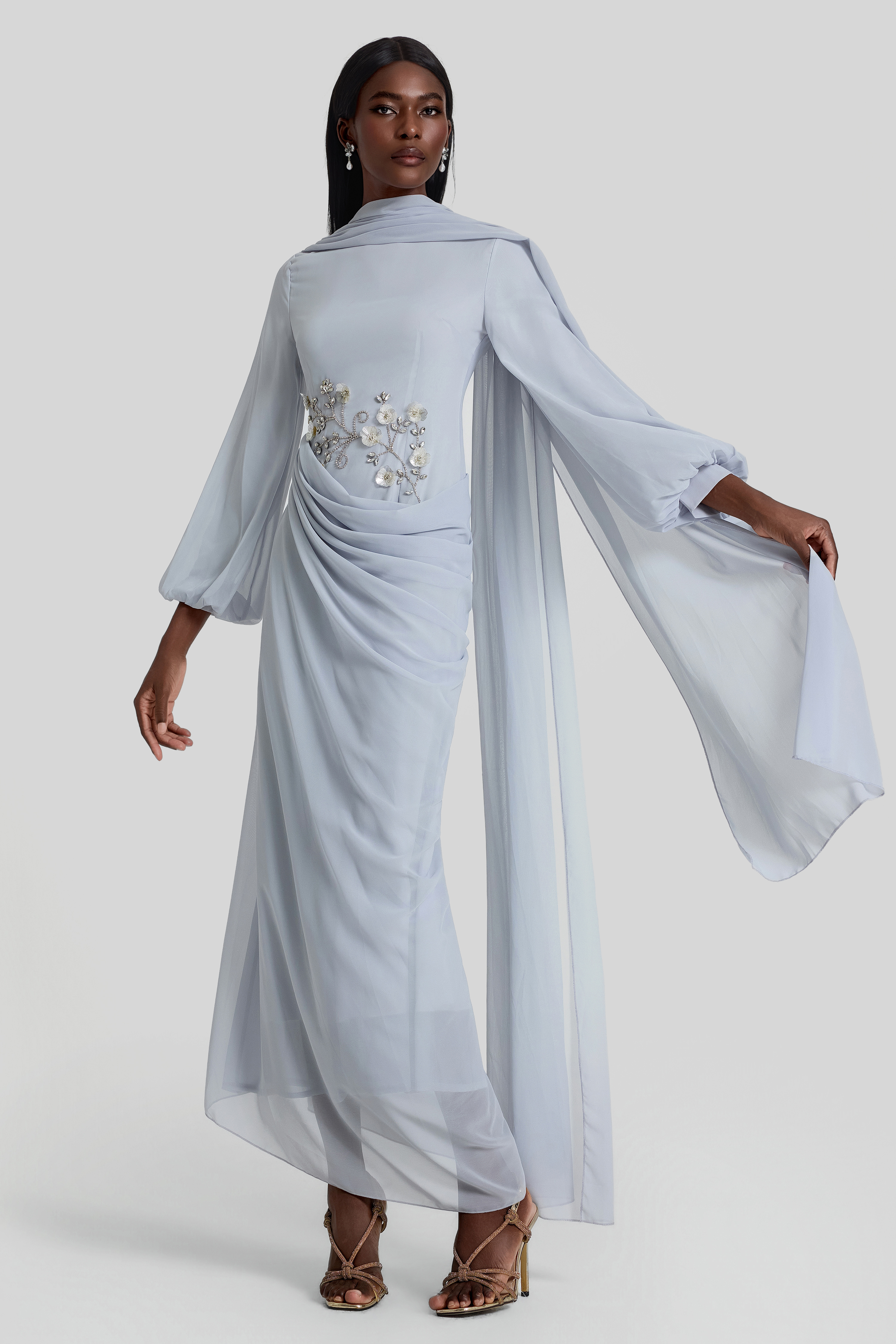 Rhinestone Lantern Sleeve Gathering Maxi Dress
