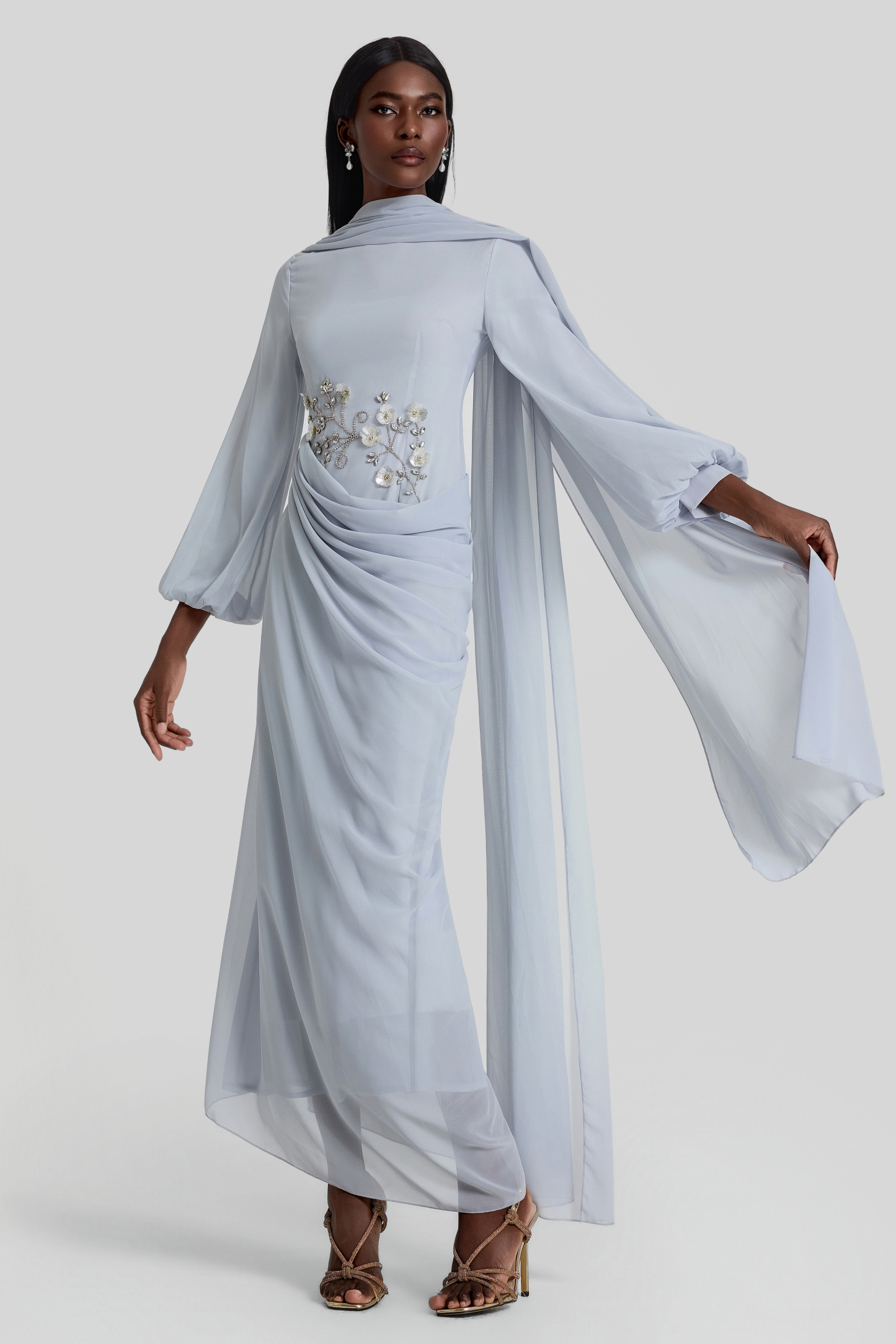 Rhinestone Lantern Sleeve Gathering Maxi Dress