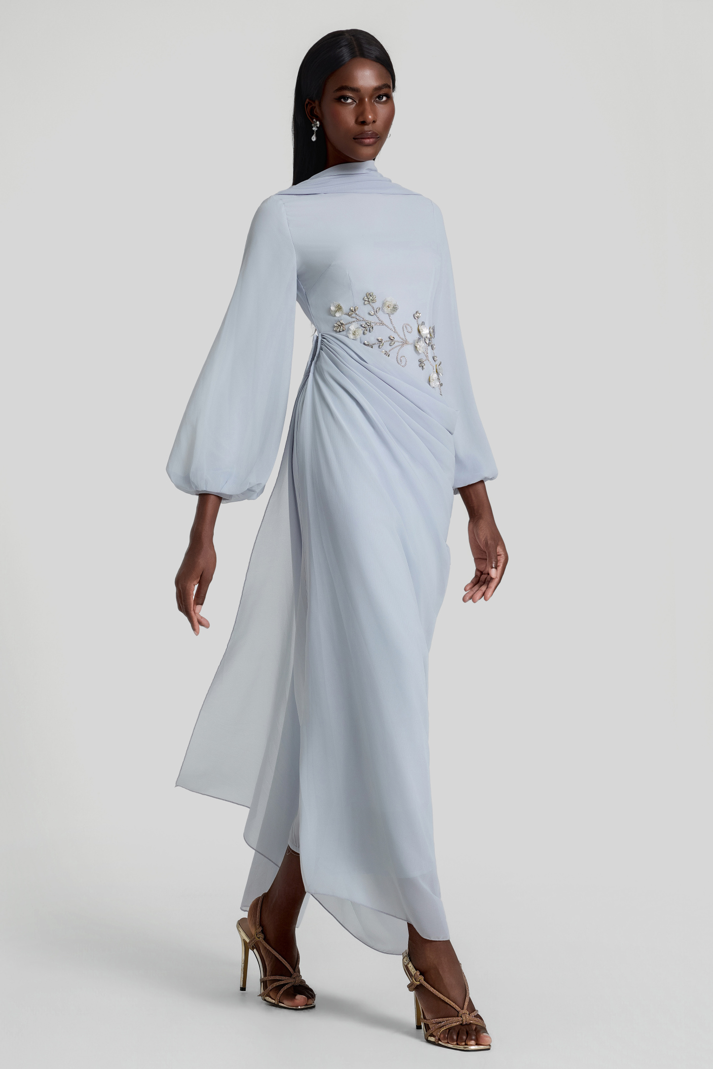 Rhinestone Lantern Sleeve Gathering Maxi Dress