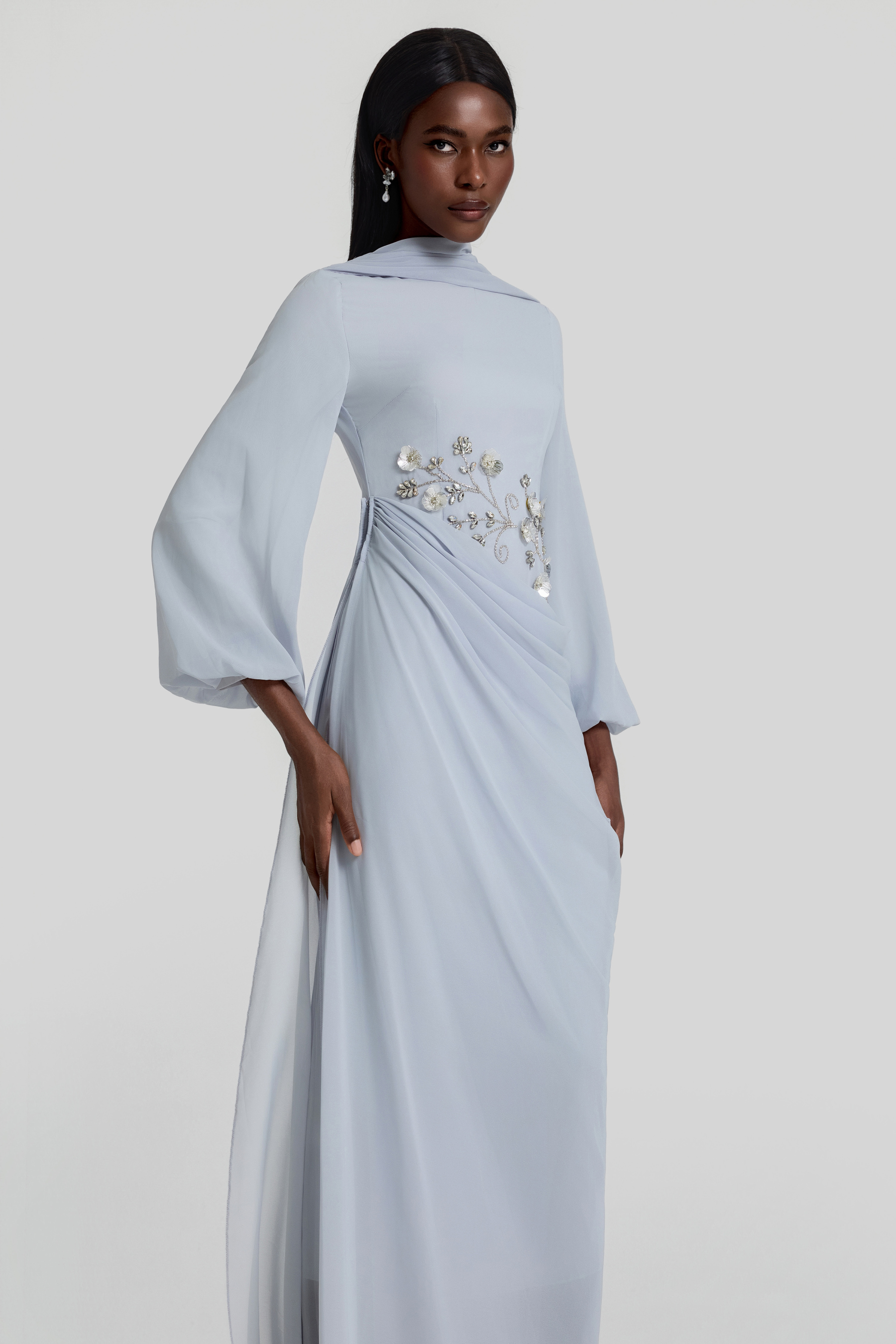 Rhinestone Lantern Sleeve Gathering Maxi Dress