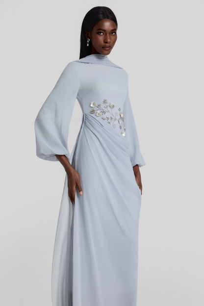 Rhinestone Lantern Sleeve Gathering Maxi Dress