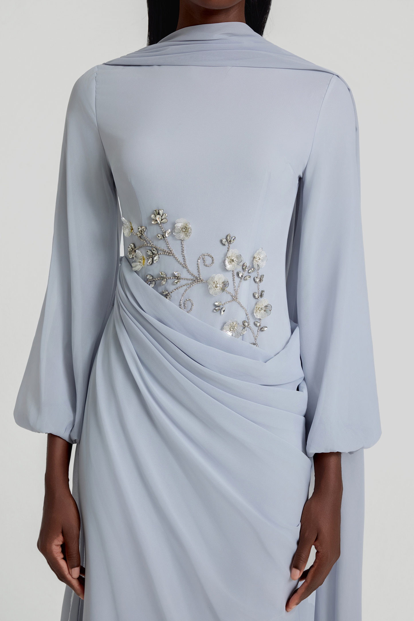 Rhinestone Lantern Sleeve Gathering Maxi Dress