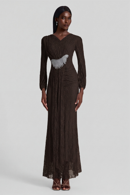 Lace Rhinestone Rivets Gathering Maxi Dress