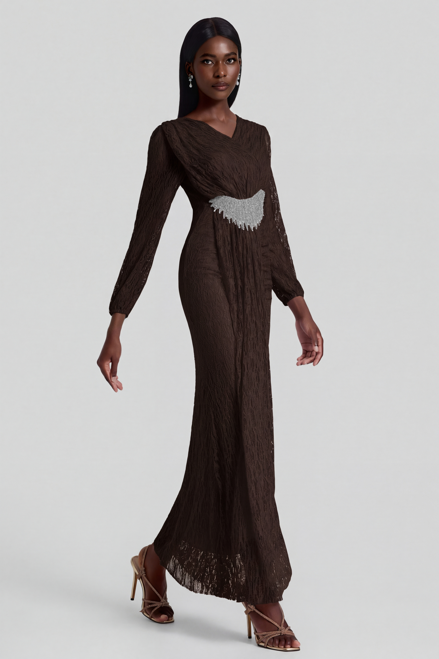 Lace Rhinestone Rivets Gathering Maxi Dress