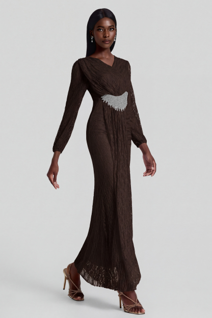 Lace Rhinestone Rivets Gathering Maxi Dress