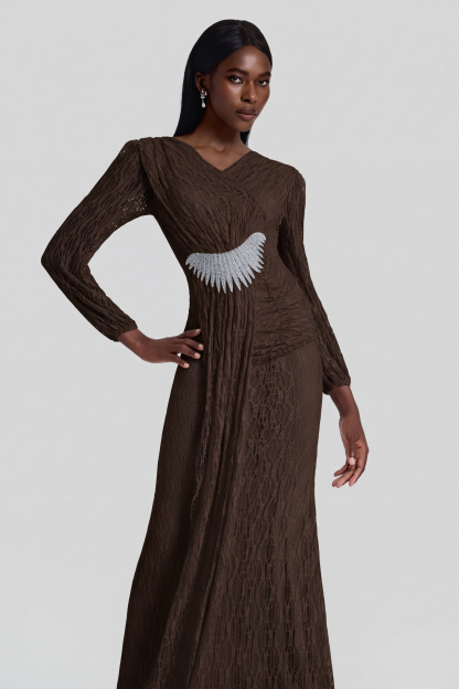 Lace Rhinestone Rivets Gathering Maxi Dress