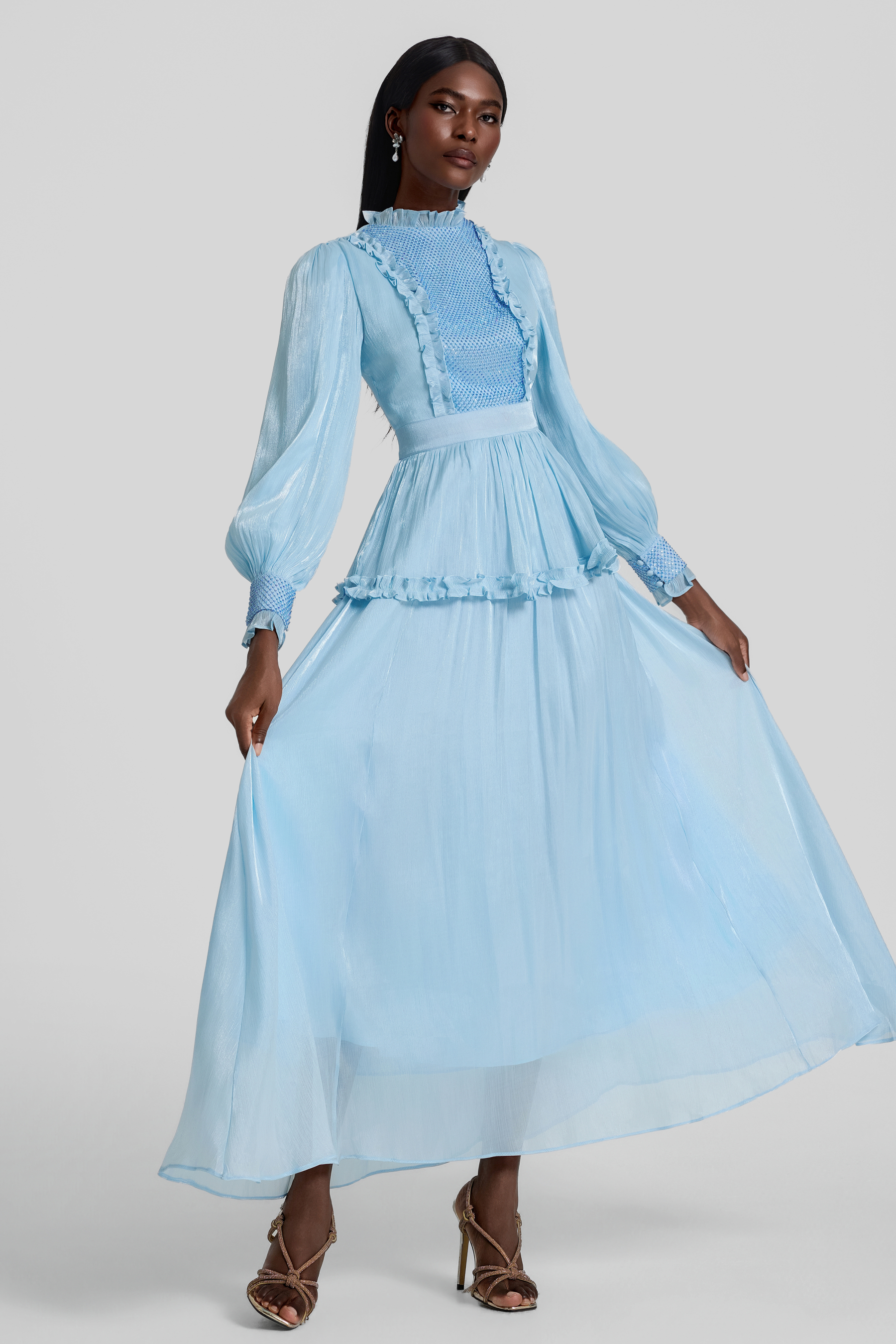 Rhinestone Gathering Frill Midi Dress
