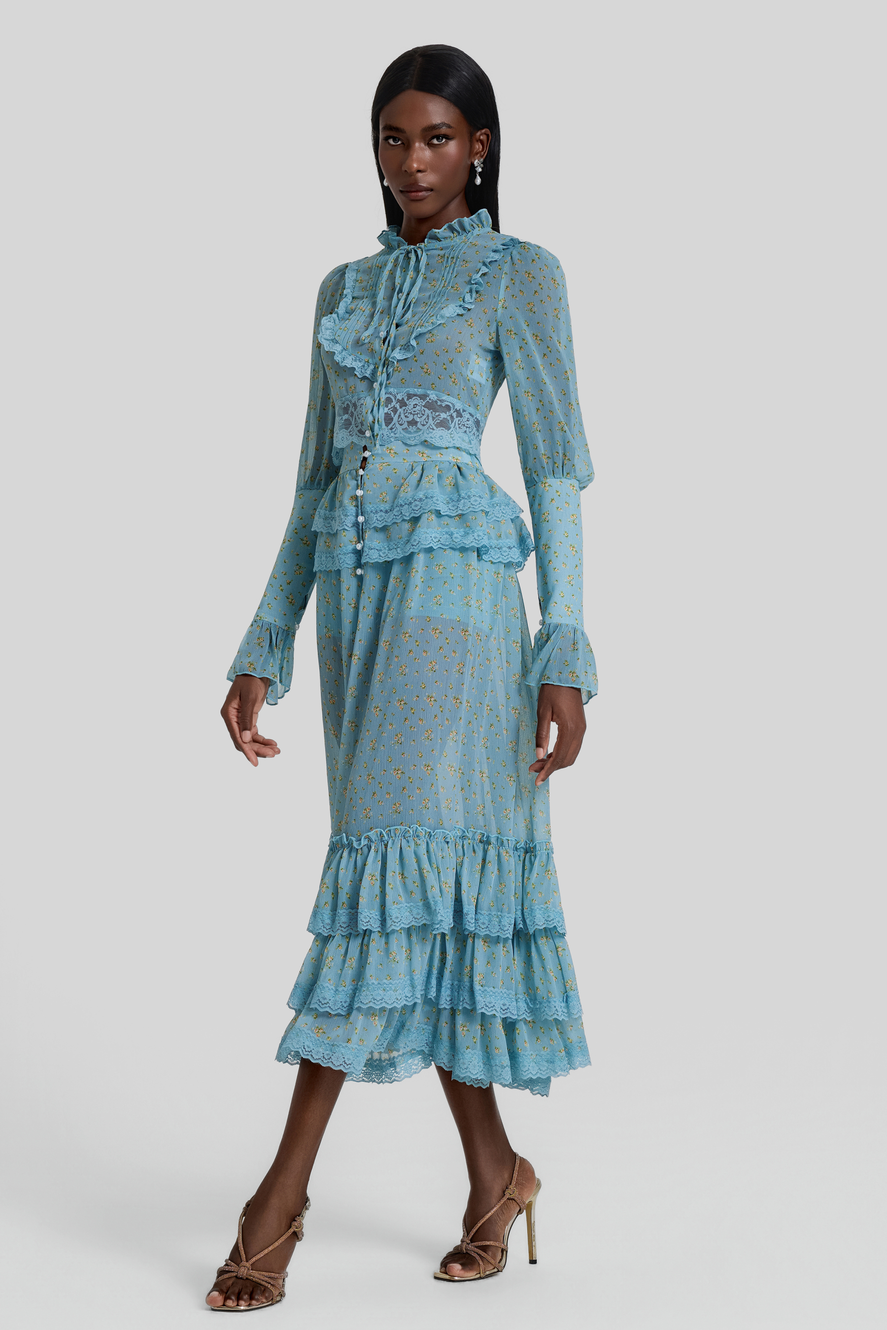 Floral Lace Top & Ruffle High Waist Midi Skirt Set