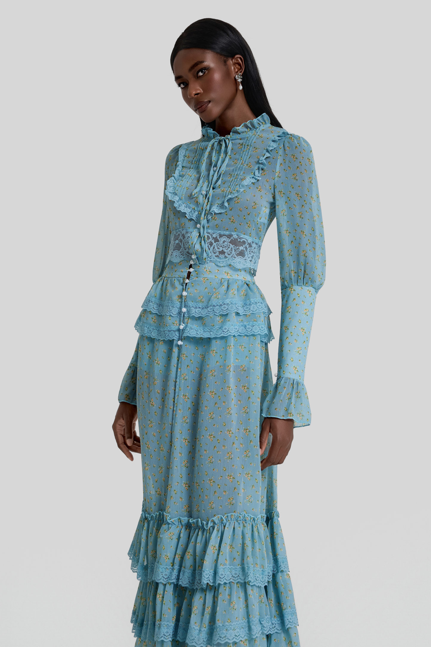 Floral Lace Top & Ruffle High Waist Midi Skirt Set
