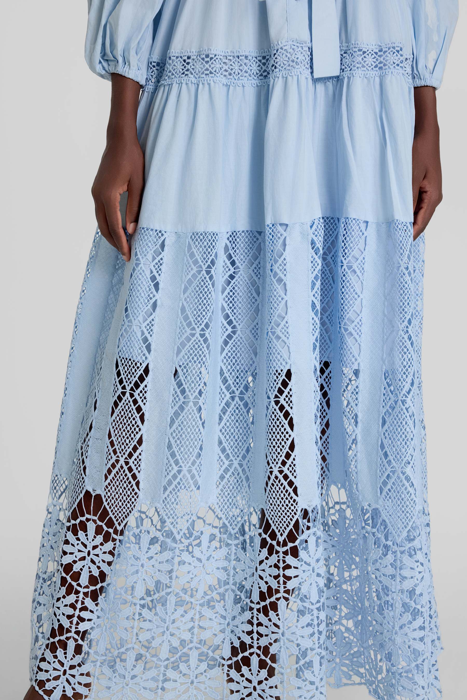 Lace Lantern Sleeve Button Maxi Dress