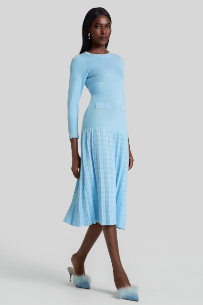 Knit Pleated Faux Pearl Midi Dress