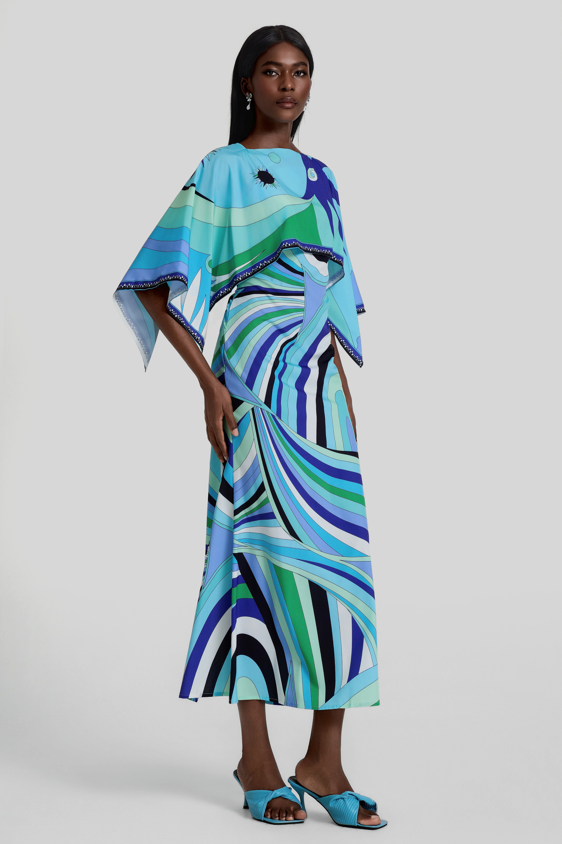 Abstract Print Cape Sleeve Midi Dress
