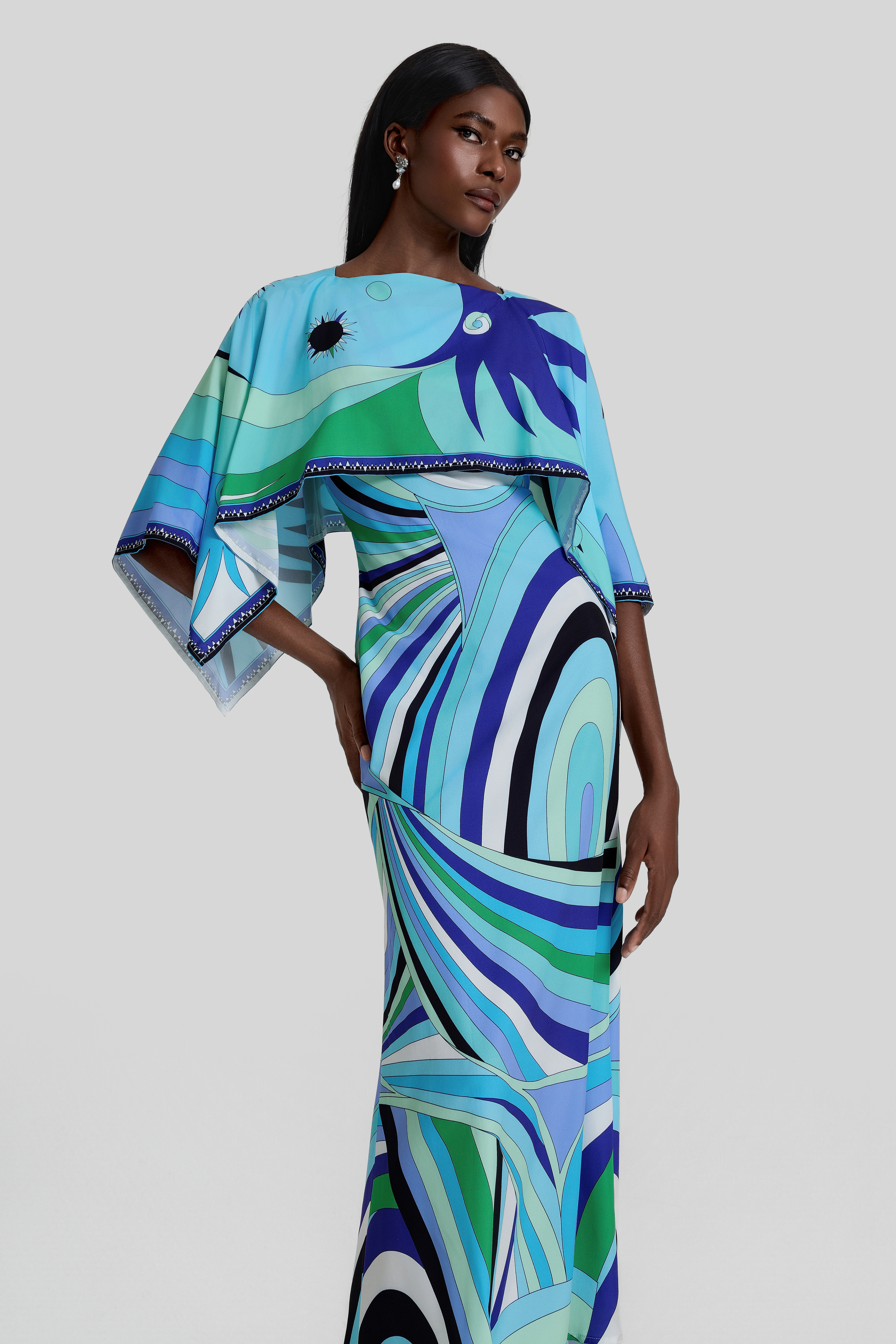 Abstract Print Cape Sleeve Midi Dress