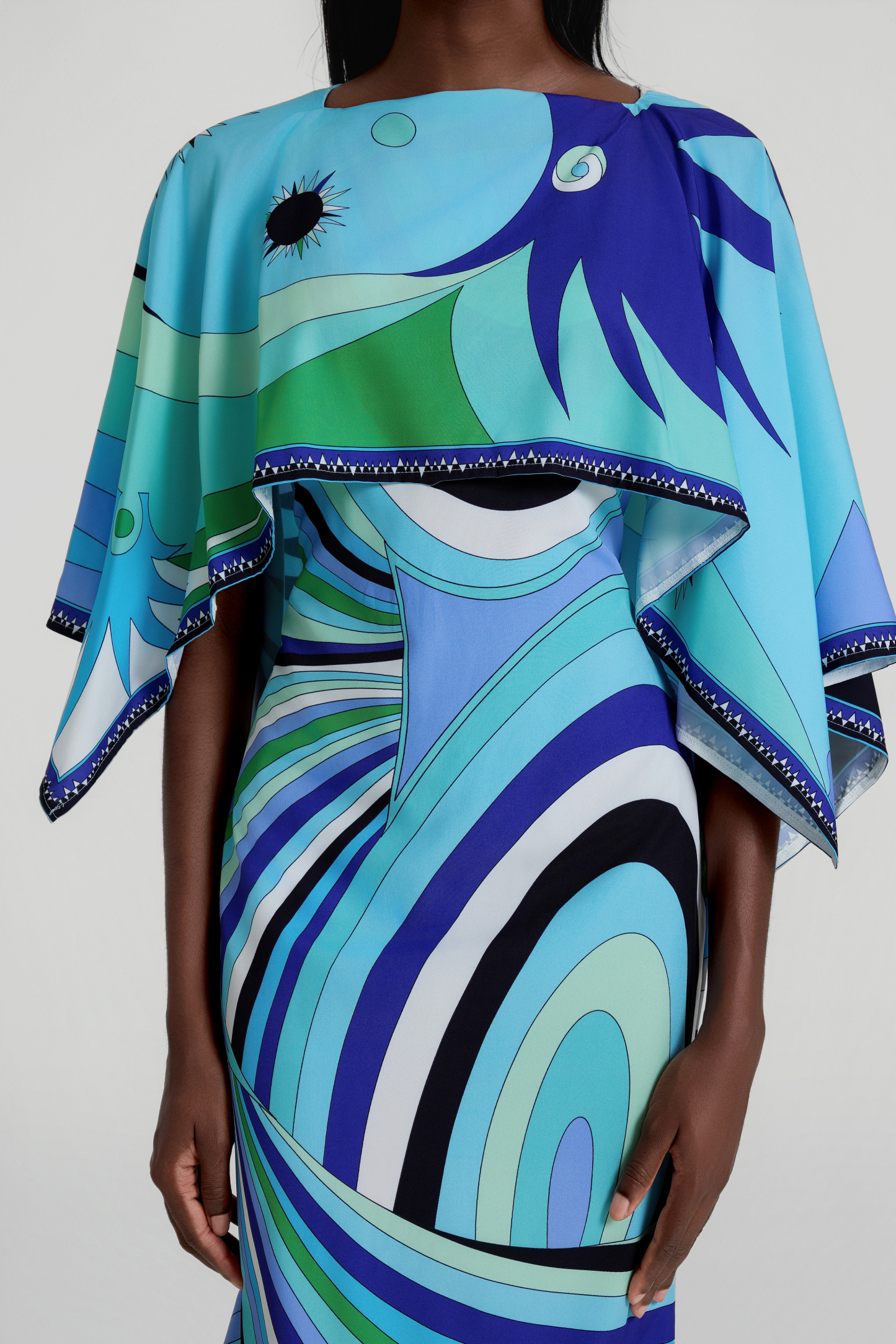 Abstract Print Cape Sleeve Midi Dress