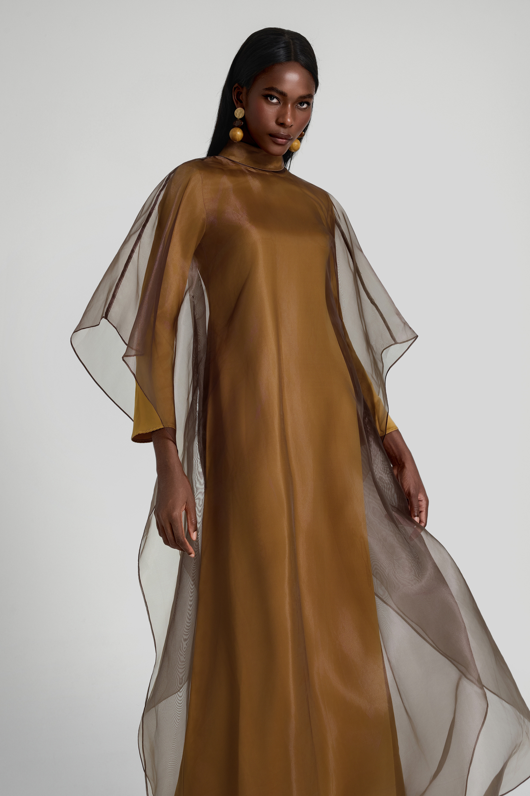 Organza Stand Collar Maxi Dress With Cape
