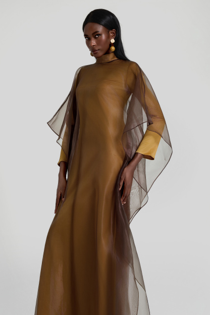 Organza Stand Collar Maxi Dress With Cape