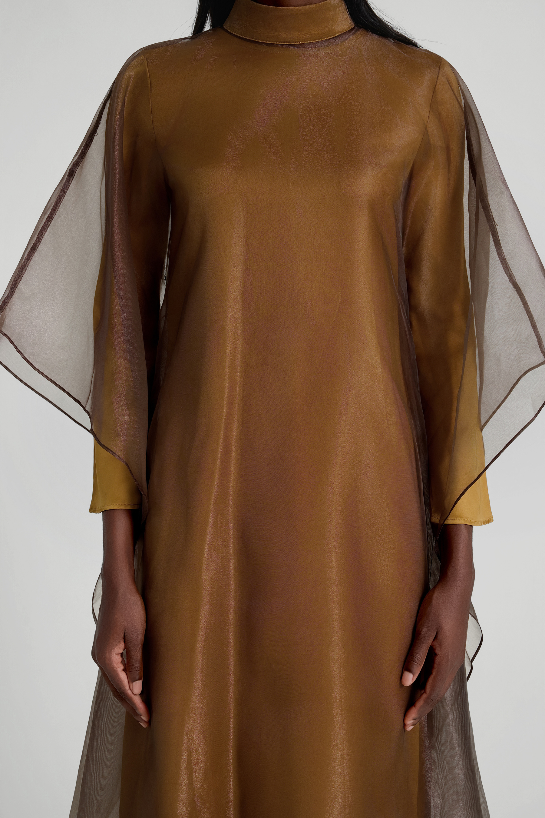 Organza Stand Collar Maxi Dress With Cape