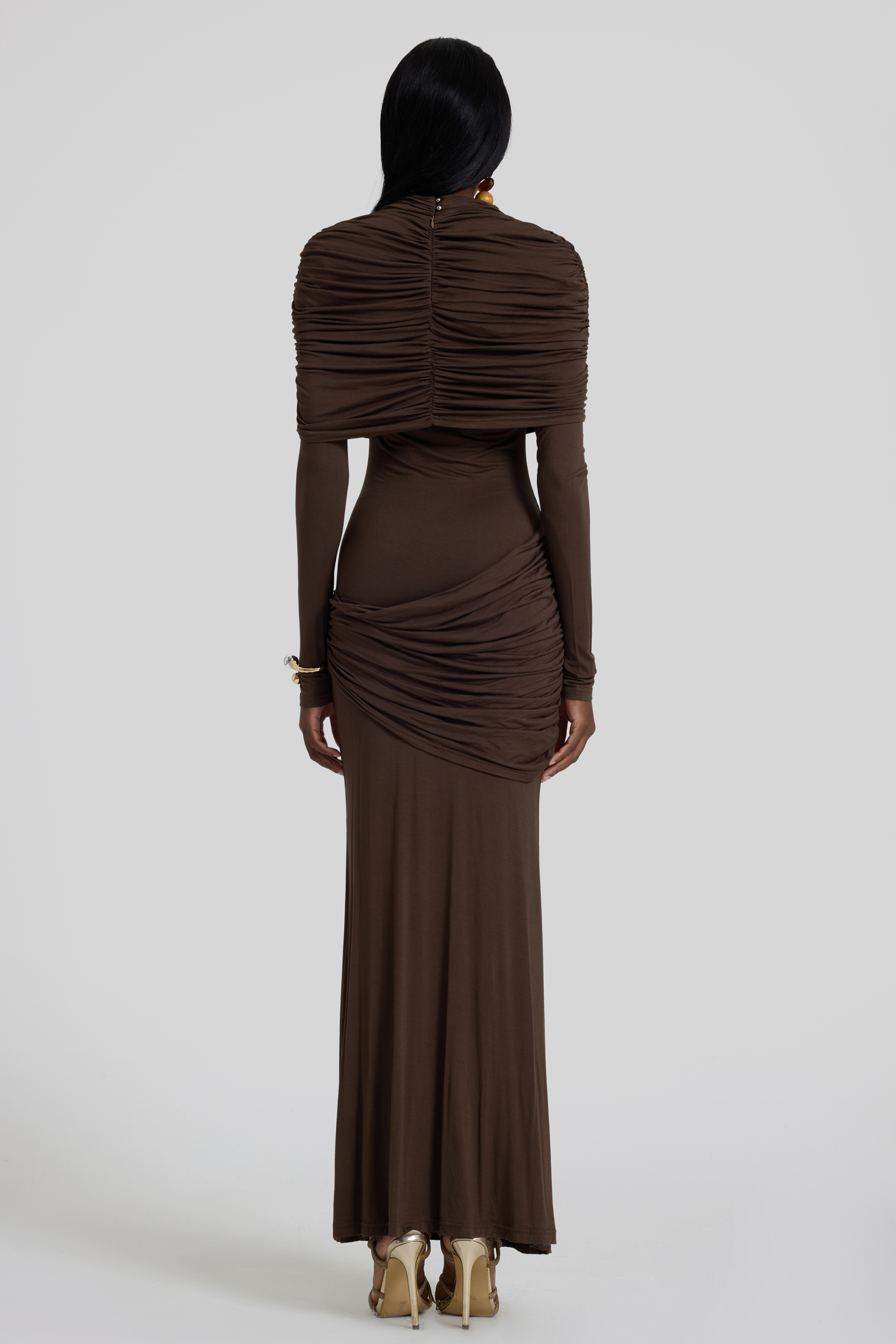 Gathering Long Sleeve Maxi Dress With Cape