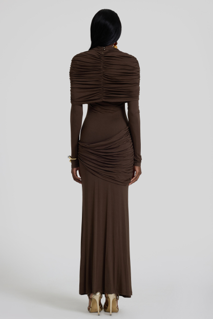 Gathering Long Sleeve Maxi Dress With Cape