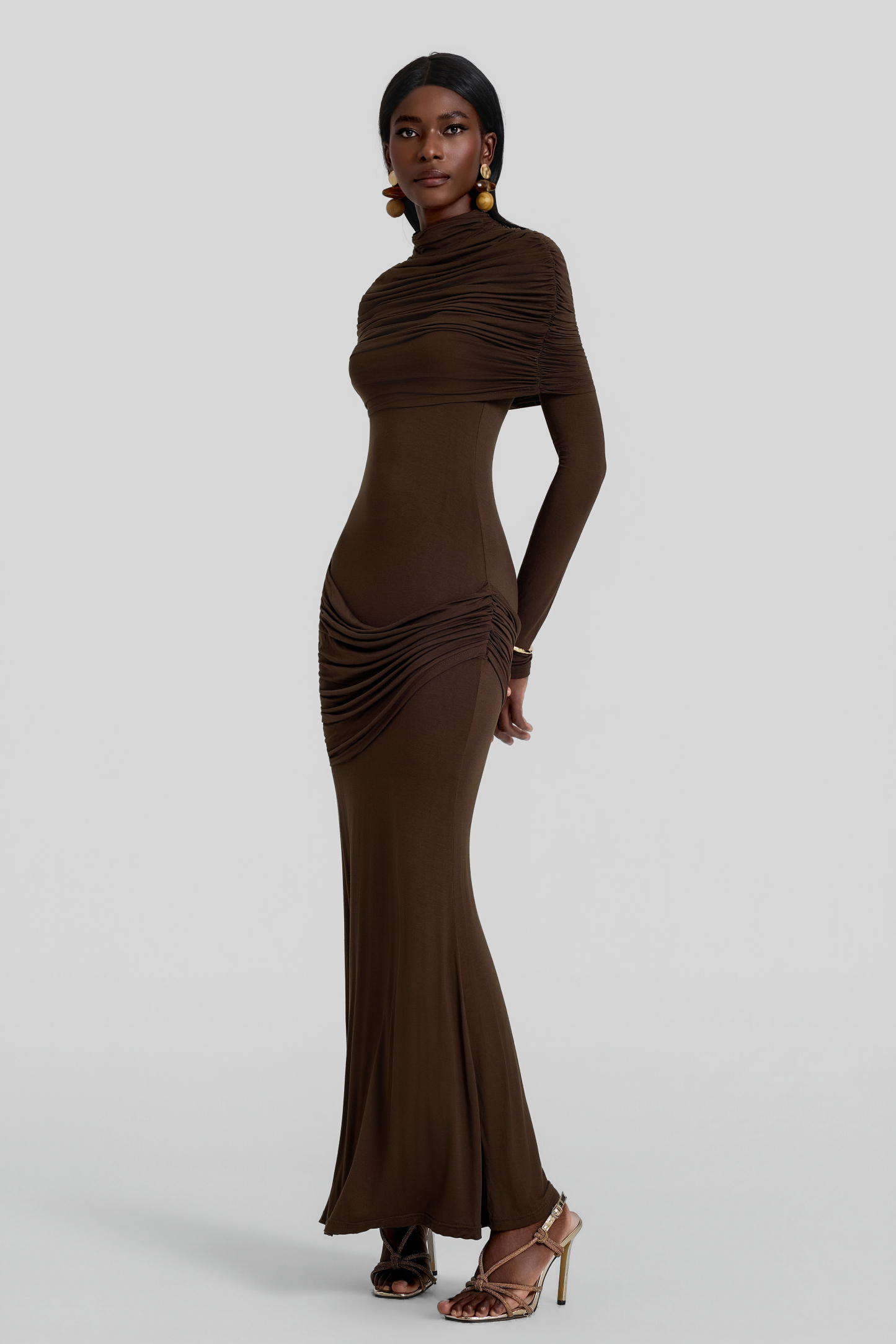 Gathering Long Sleeve Maxi Dress With Cape