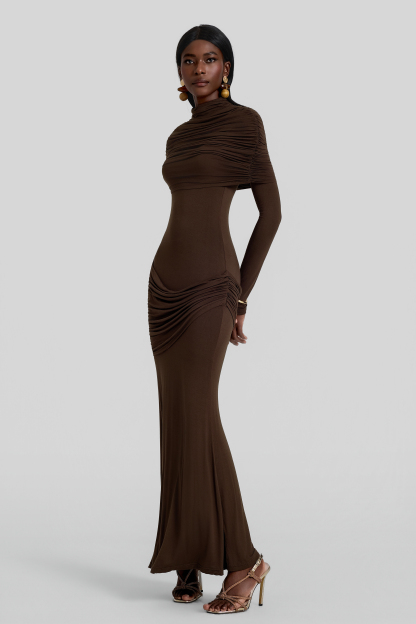 Gathering Long Sleeve Maxi Dress With Cape
