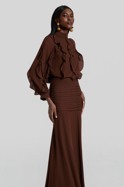Chiffon Frill Top & Pleated Mid Waist Maxi Skirt Set