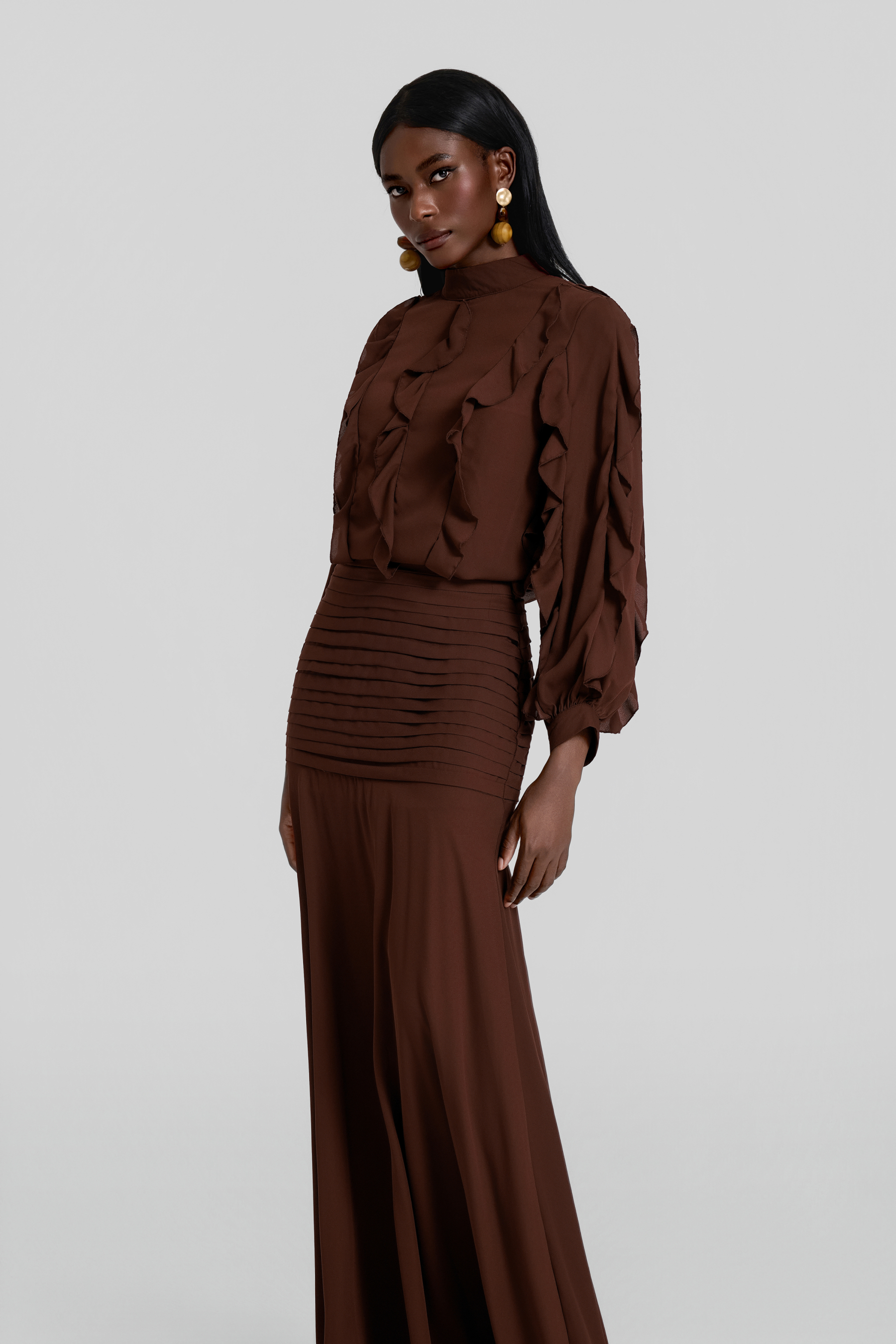 Chiffon Frill Top & Pleated Mid Waist Maxi Skirt Set