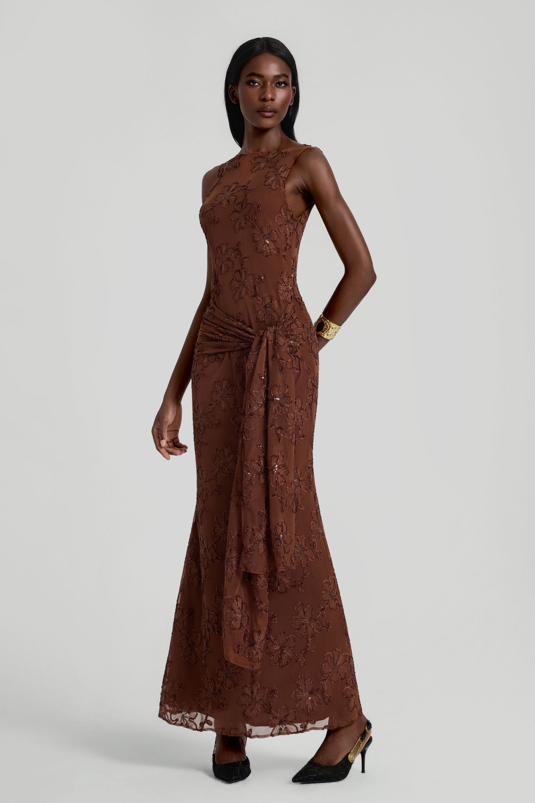 Mesh Embroidered Lace-Up Maxi Dress