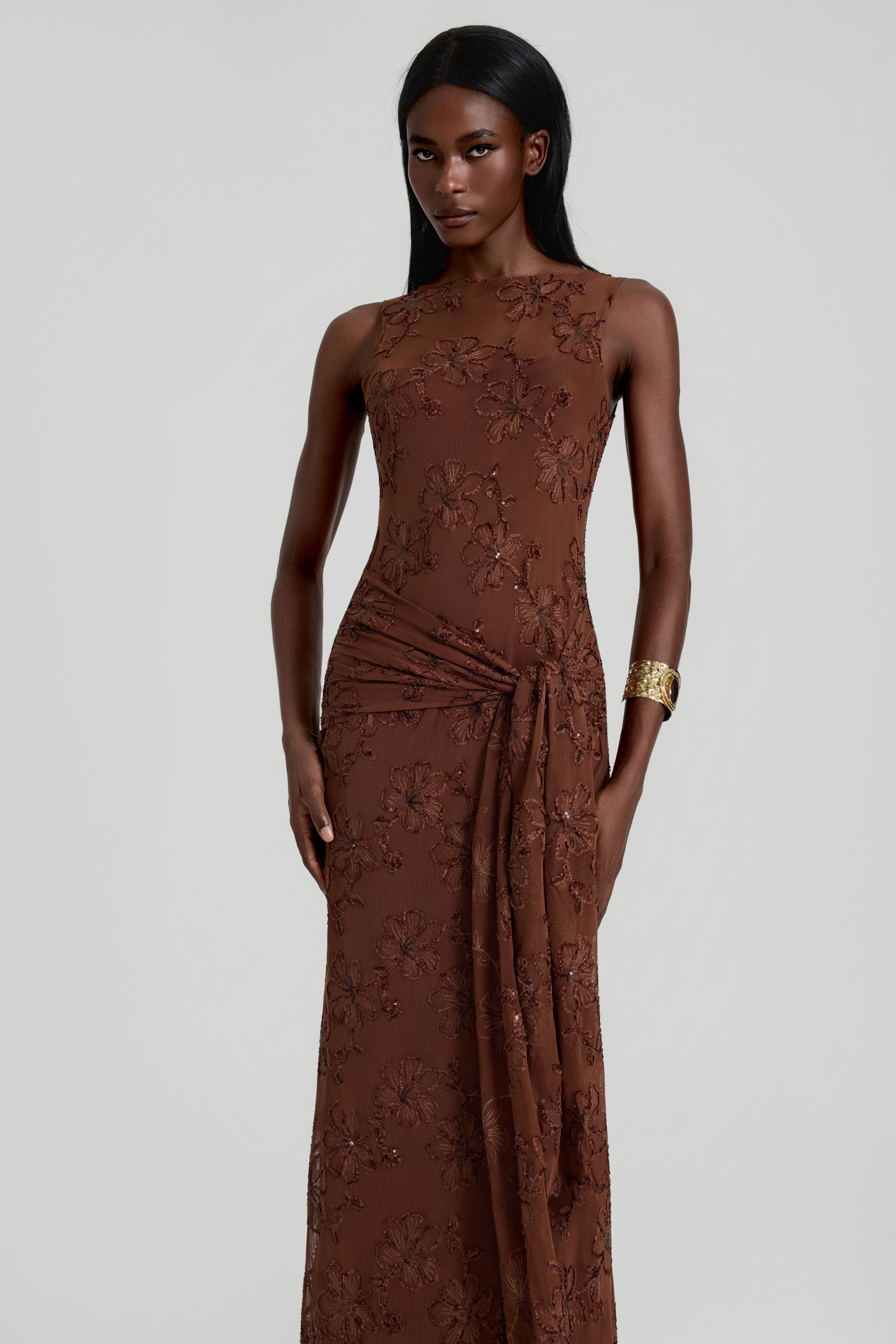 Mesh Embroidered Lace-Up Maxi Dress