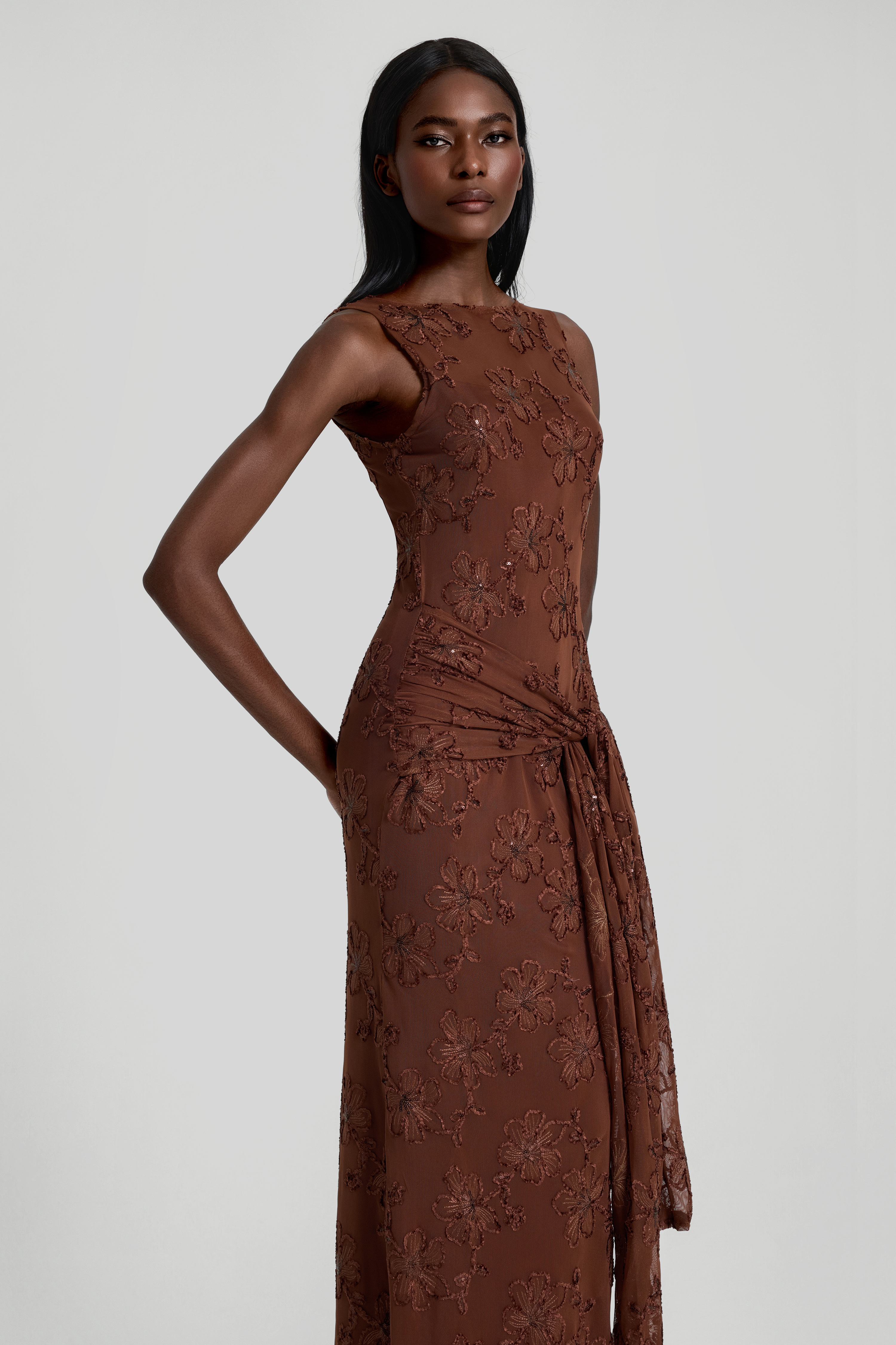 Mesh Embroidered Lace-Up Maxi Dress