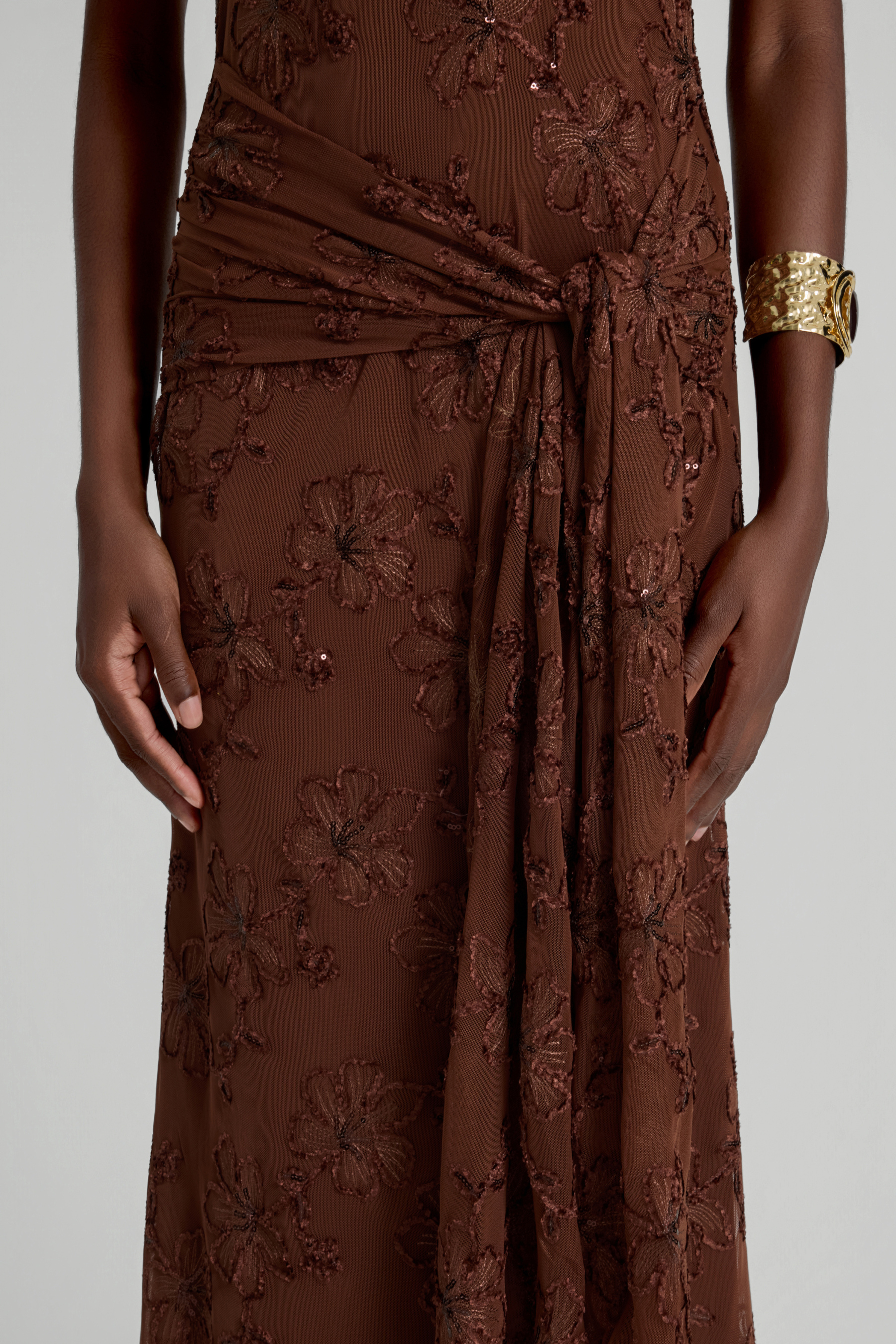 Mesh Embroidered Lace-Up Maxi Dress