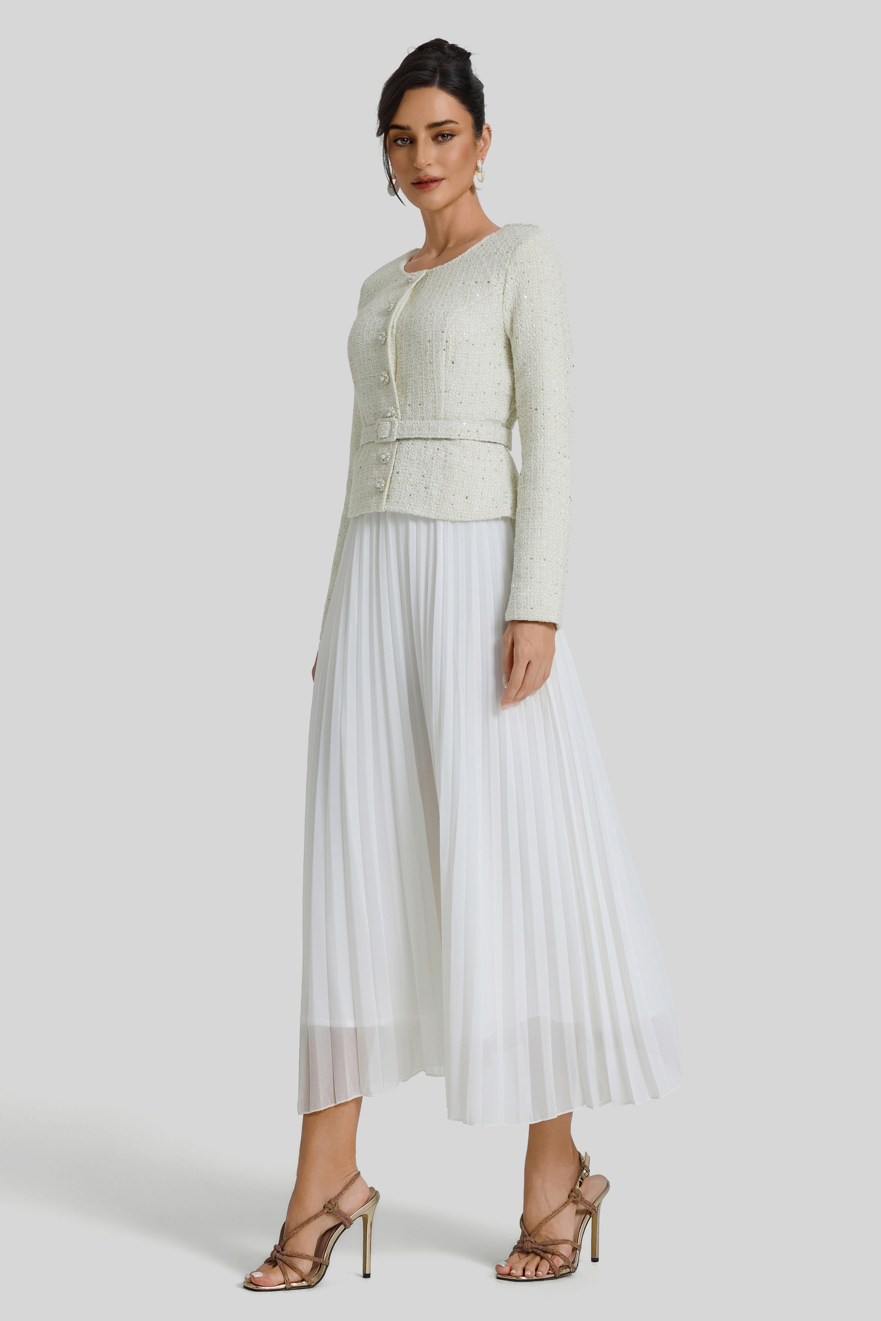 Sequin Pleated Midi Dress With Belt