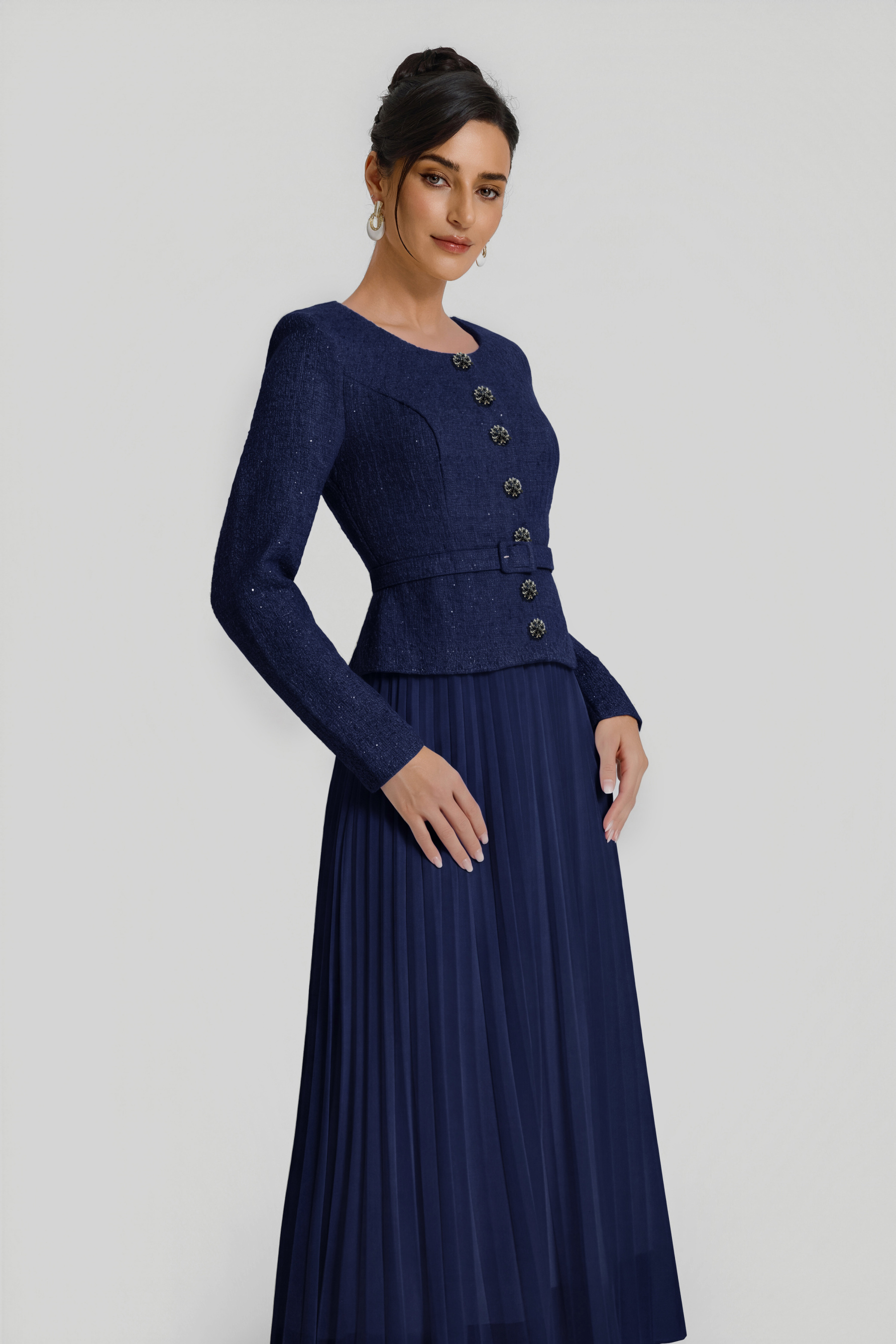 Sequin Pleated Midi Dress With Belt
