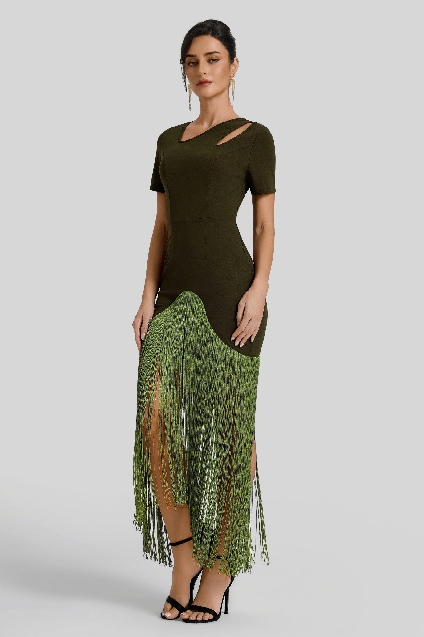 Solid Tassel Cut-Out Midi Dress