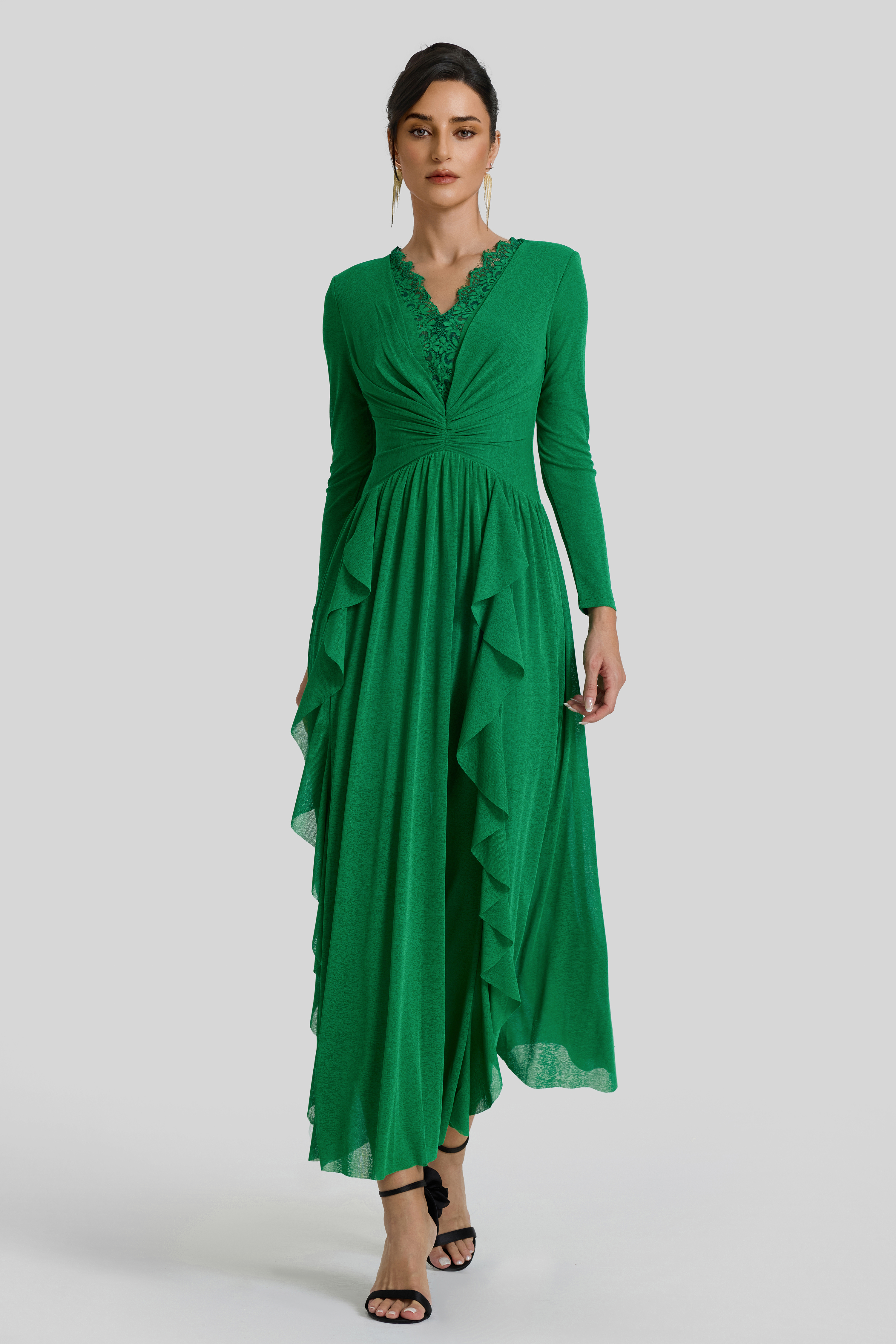 Ruffle Lace Splicing Gathering Midi Dress